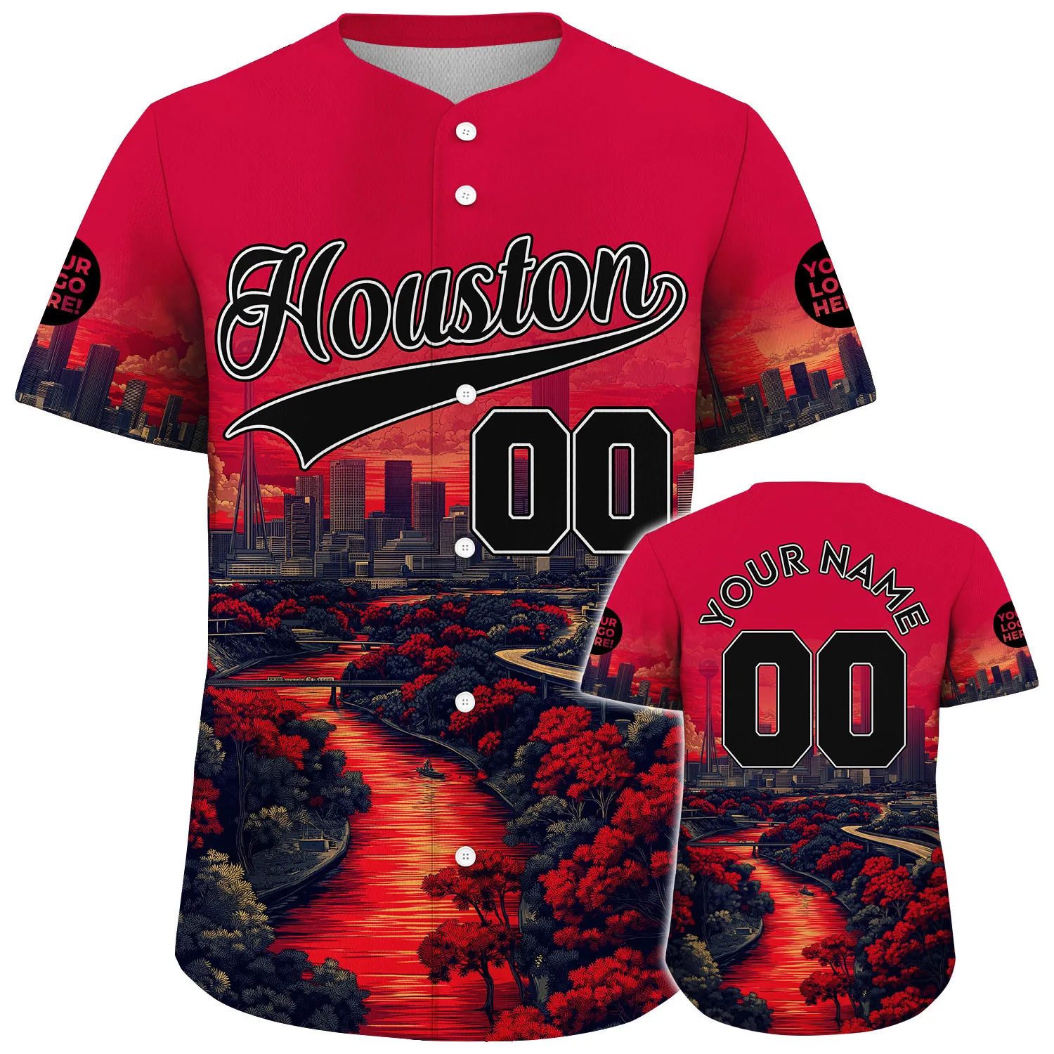Black Red Houston Texas City Avenue In Sunset Custom Name Baseball Jerseys For Men & Women