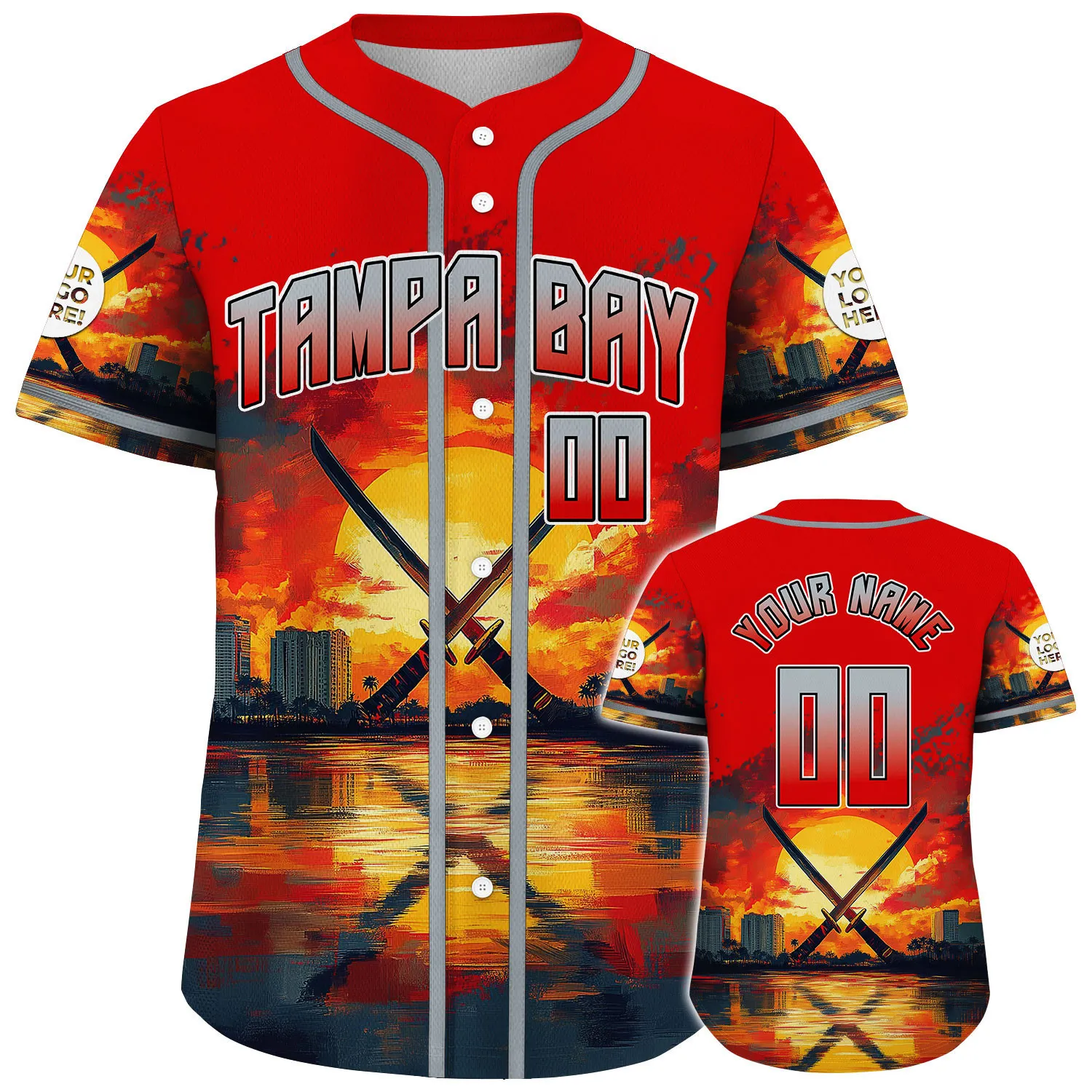 Pewter Buccaneer Red Tampa Bay Battle Swords City Backdrop Sunset Custom Name Baseball Jerseys For Men & Women