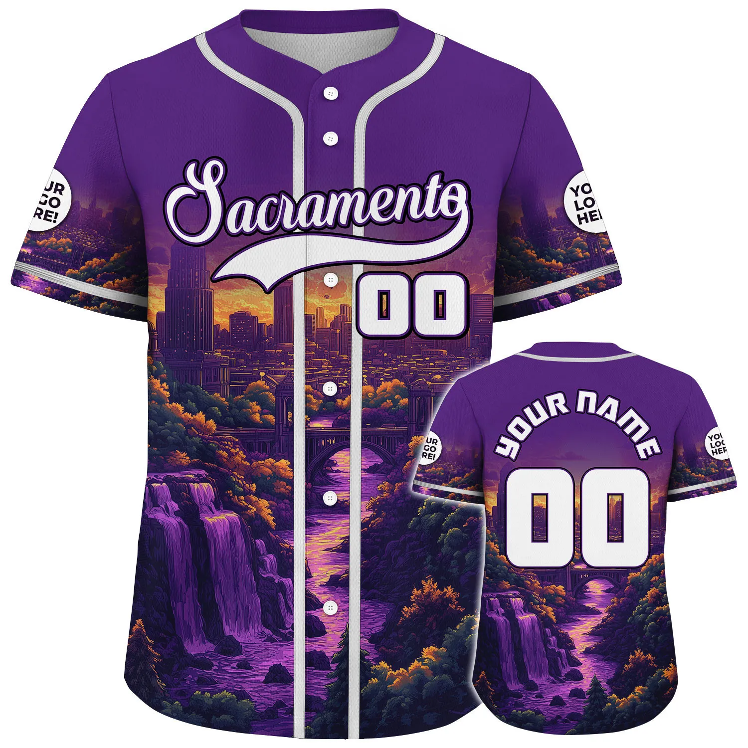 White Kings Purple Sacramento California City In Night Waterfall Custom Name Baseball Jerseys For Men & Women