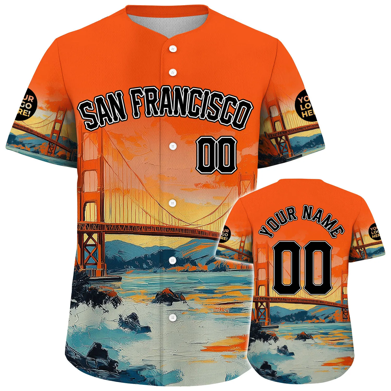 Black Orange San Francisco Golden Gate Bridge Oil Painting Custom Name Baseball Jerseys For Men & Women