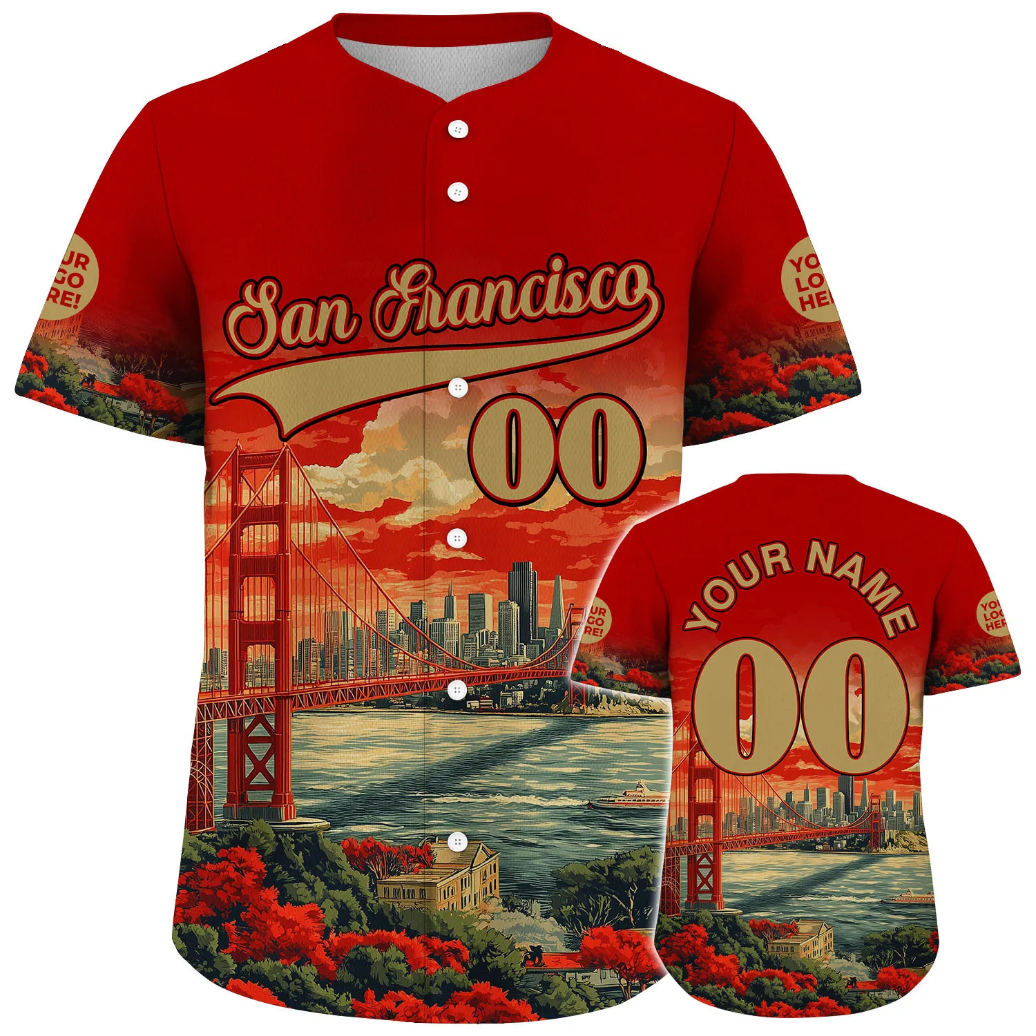 Gold Scarlet Red San Francisco California Golden Gate Bridge City Backdrop Alcatraz Island View Custom Name Baseball Jerseys For Men & Women