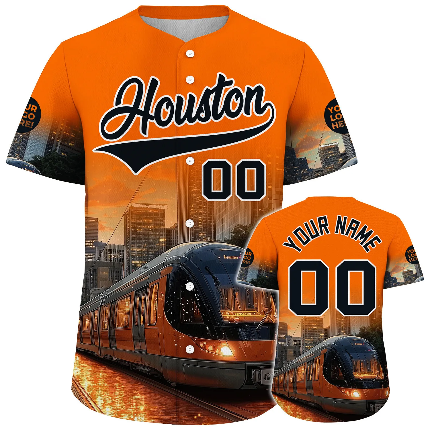 Black Orange Houston City Texas District Cable Car Shining Railway Custom Name Baseball Jerseys For Men & Women