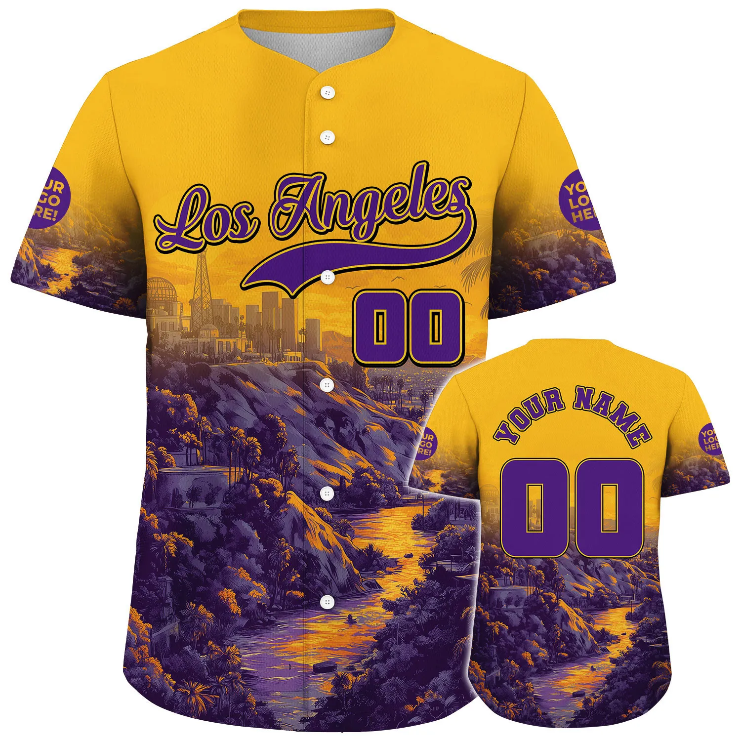 Purple Gold Los Angeles Skyline With Griffith Observatory View Custom Name Baseball Jerseys For Men & Women