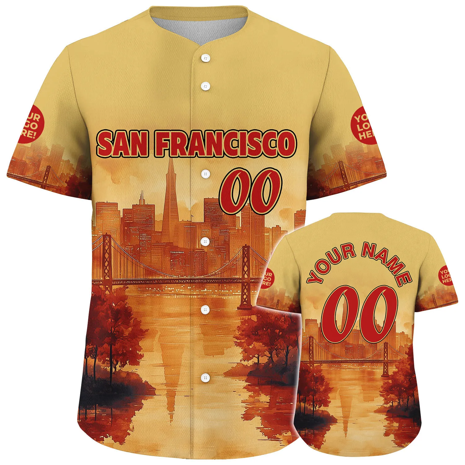 Scarlet Red Gold San Francisco California Golden Gate Bridge Transamerica Pyramid City In Mist Custom Name Baseball Jerseys For Men & Women