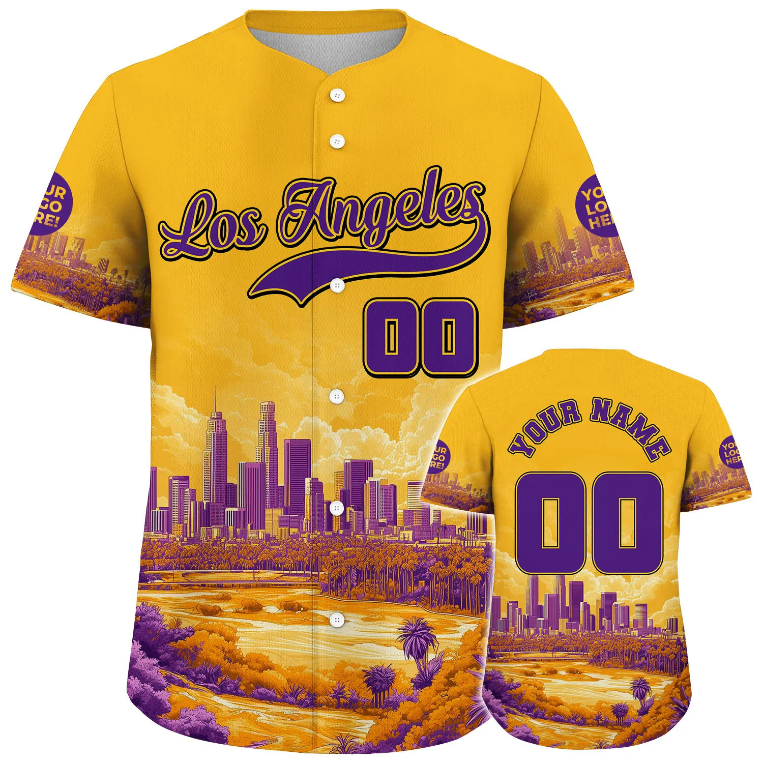 Purple Gold Los Angeles US Bank Tower Summer Sunset Custom Name Baseball Jerseys For Men & Women