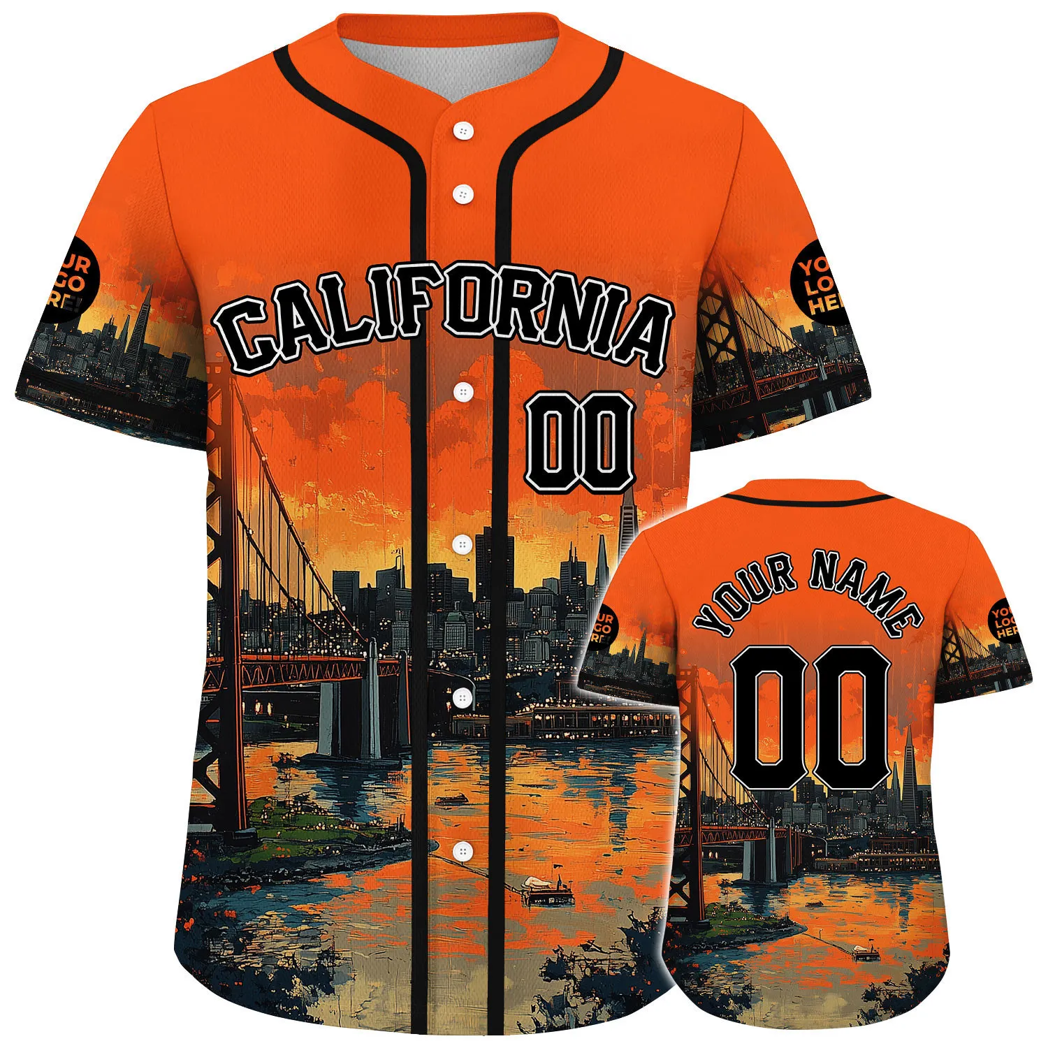 Black Orange California San Francisco City Golden Gate Bridge Transamerica Pyramid Custom Name Baseball Jerseys For Men & Women