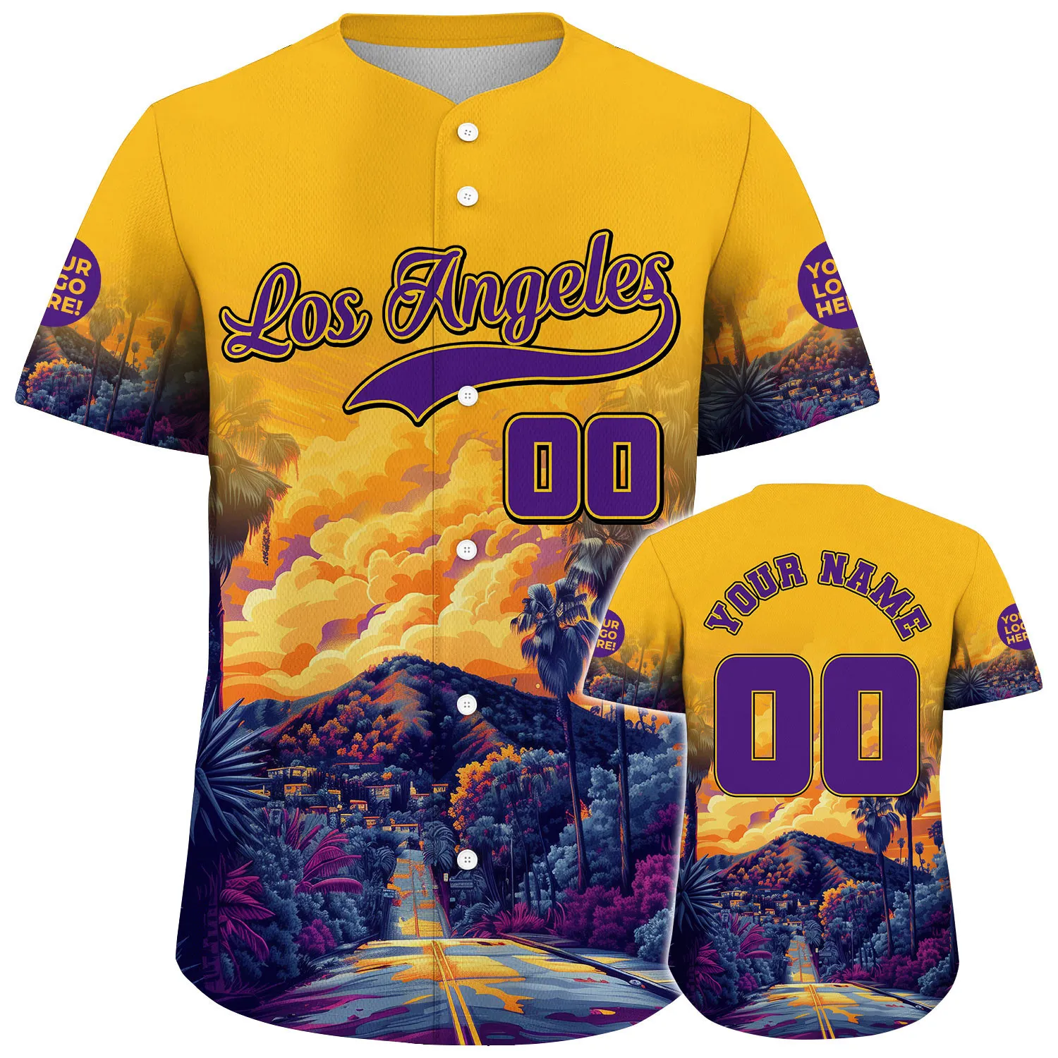 Purple Gold Los Angeles Hollywood Hill Vibrant Sunset Over Street Custom Name Baseball Jerseys For Men & Women