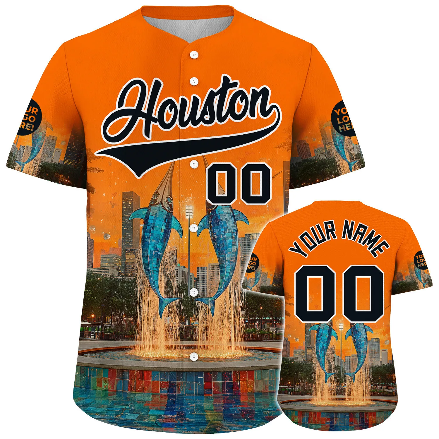 Black Orange Houston City Texas District Marlin In Fountain Gothic Glass Style Custom Name Baseball Jerseys For Men & Women