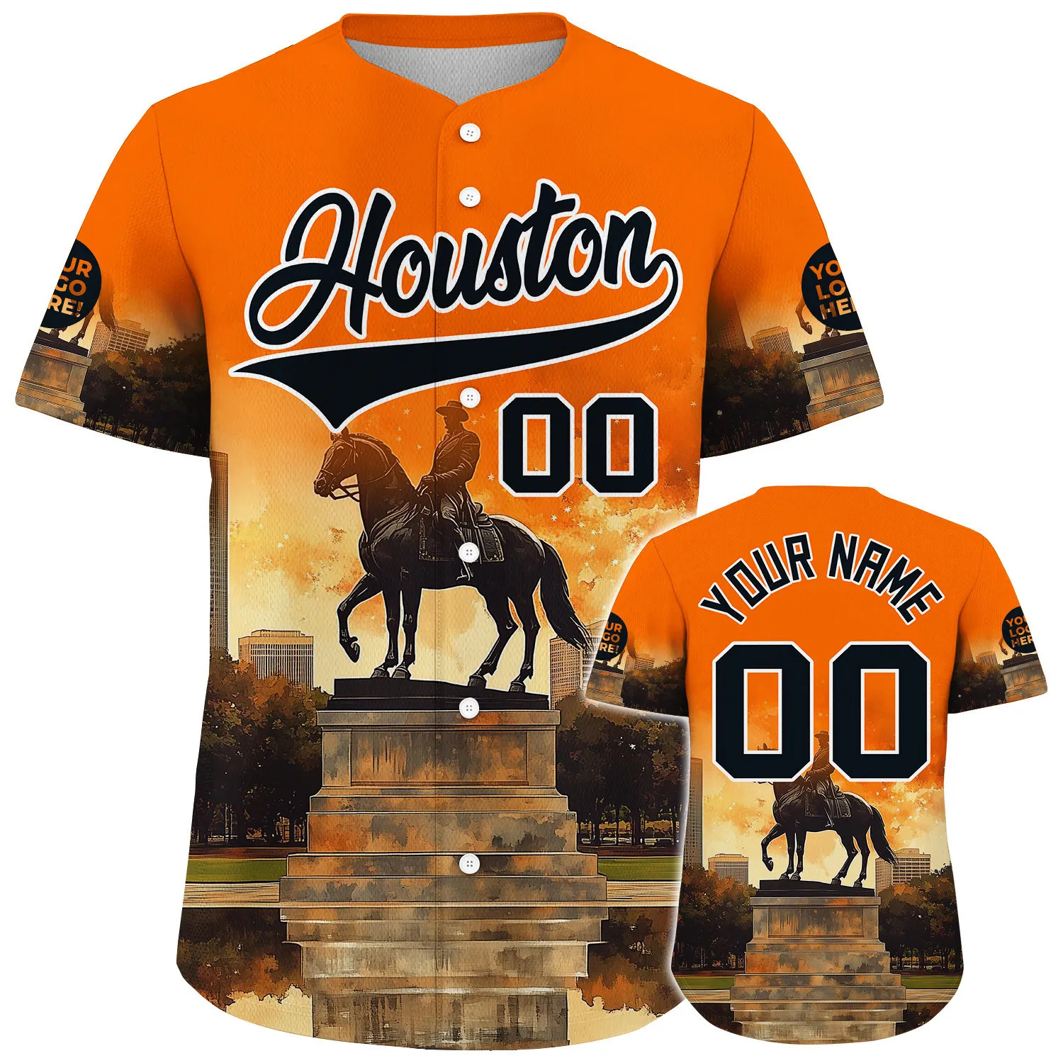 Black Orange Houston City Texas District Hermann Park Fierce Sam Houston Monument Giant Sun Sunset Custom Name Baseball Jerseys For Men & Women