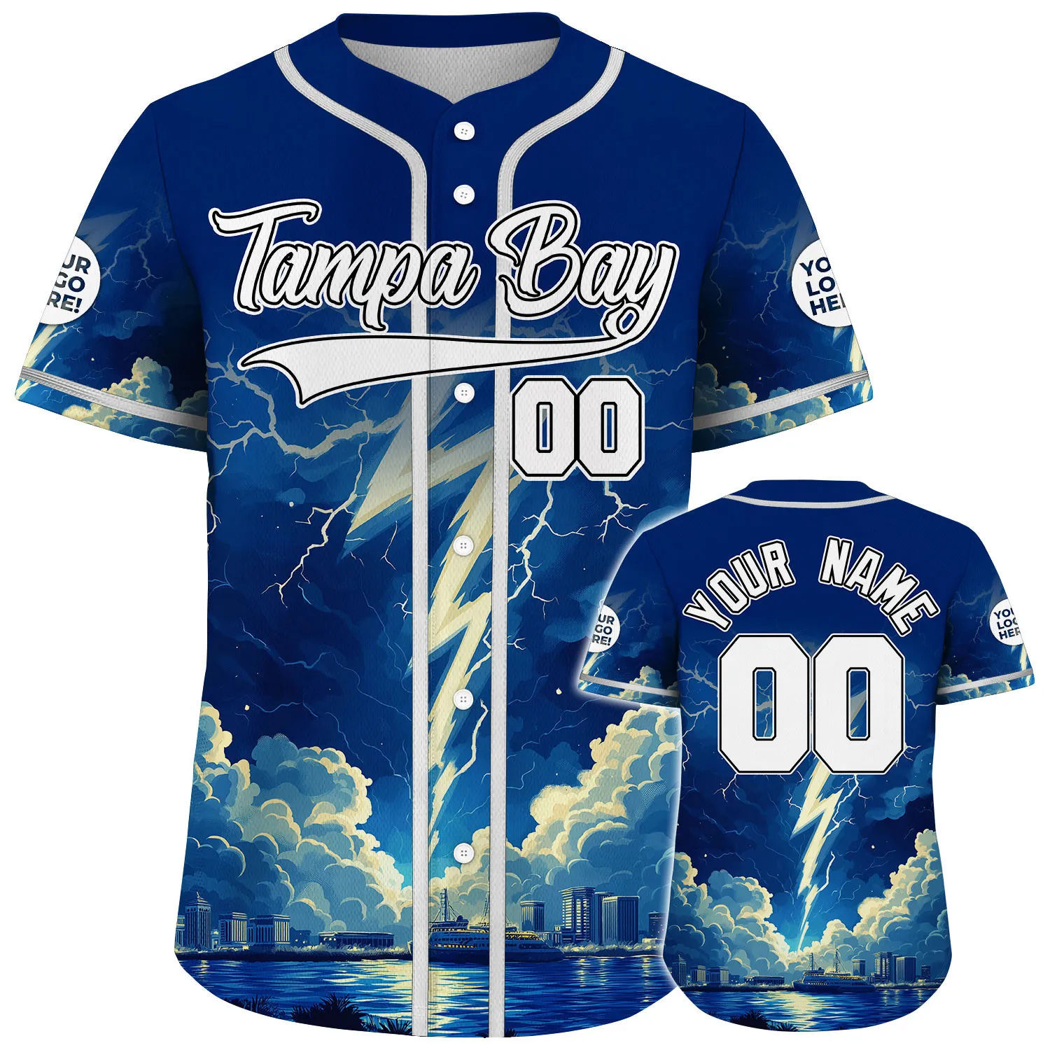 White Navy Tampa Bay Florida Magic Thunder Skyline City Backdrop Custom Name Baseball Jerseys For Men & Women
