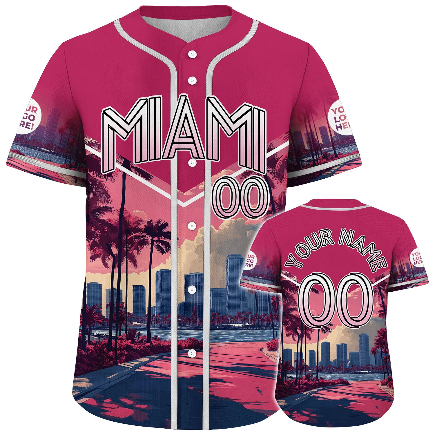 White Deep Pink Miami Florida Beachfront Dark Tropical Vibe Custom Name Baseball Jerseys For Men & Women