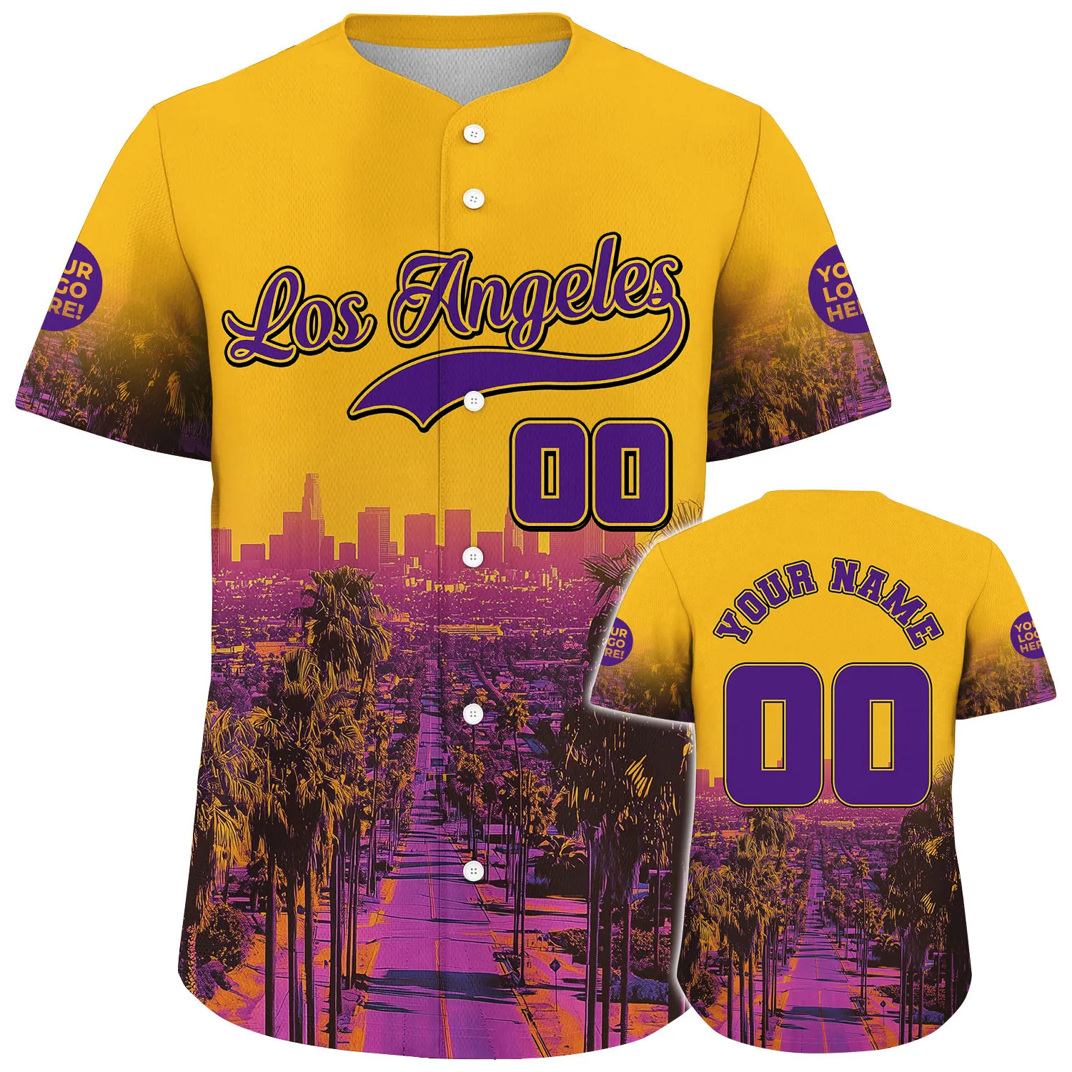 Purple Gold Los Angeles Way Downtown City Sunset Custom Name Baseball Jerseys For Men & Women
