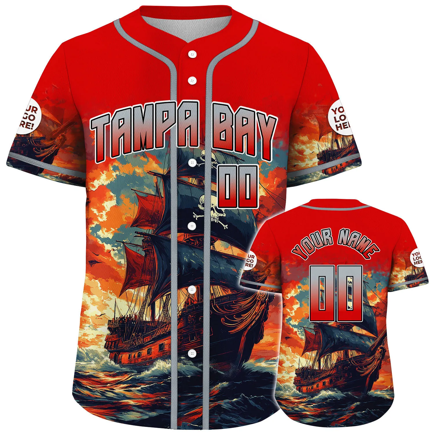 Pewter Buccaneer Red Tampa Bay Pirate Boat Skyline Sunset Custom Name Baseball Jerseys For Men & Women