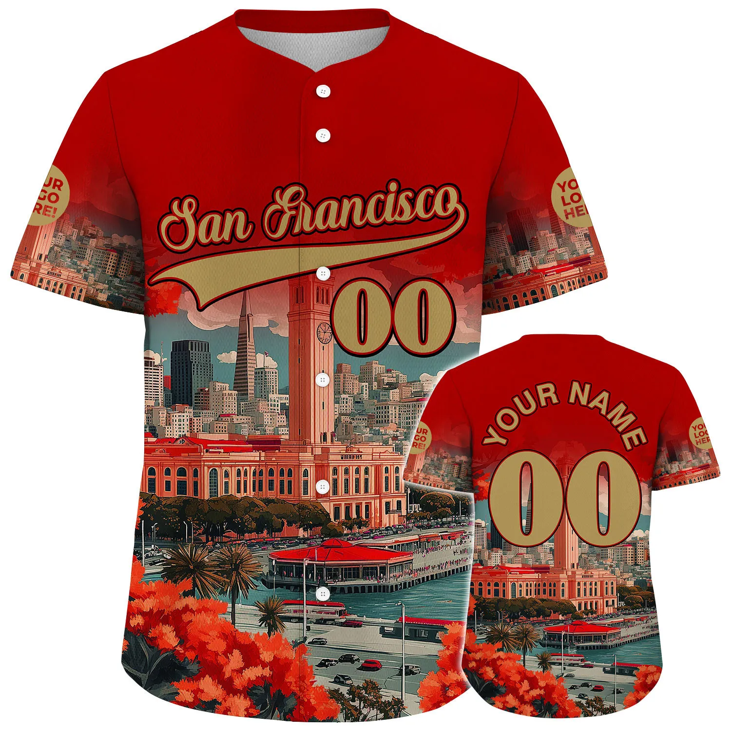 Gold Scarlet Red San Francisco California Ferry Building City Skyline Custom Name Baseball Jerseys For Men & Women