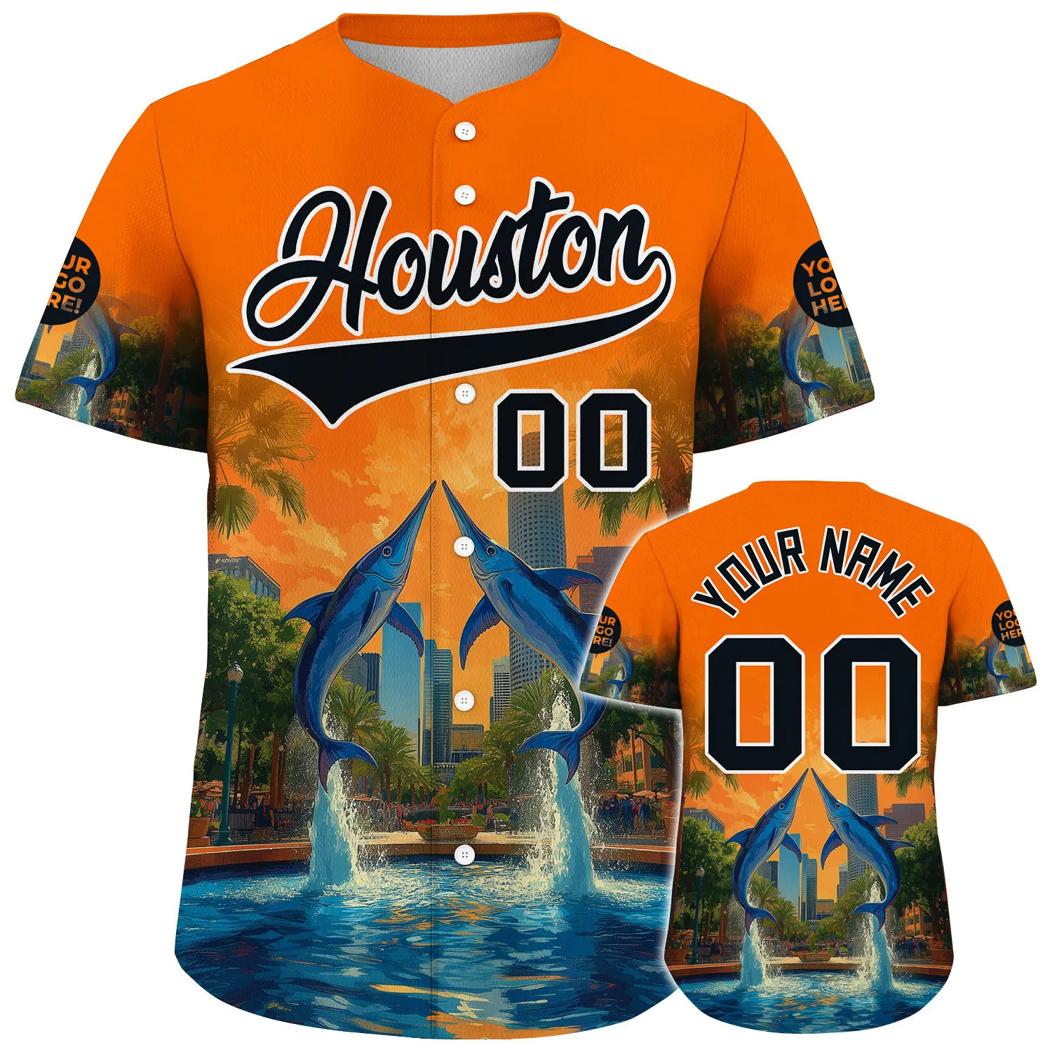 Black Orange Houston City Texas District Marlin In Fountain City Summer Vibe Custom Name Baseball Jerseys For Men & Women
