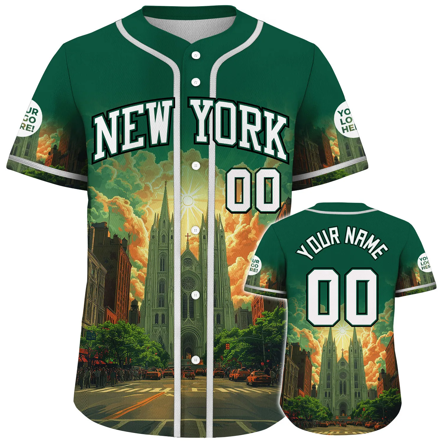 White Gotham Green New York City St Patrick Cathedral Sunset Backdrop Custom Name Baseball Jerseys For Men & Women