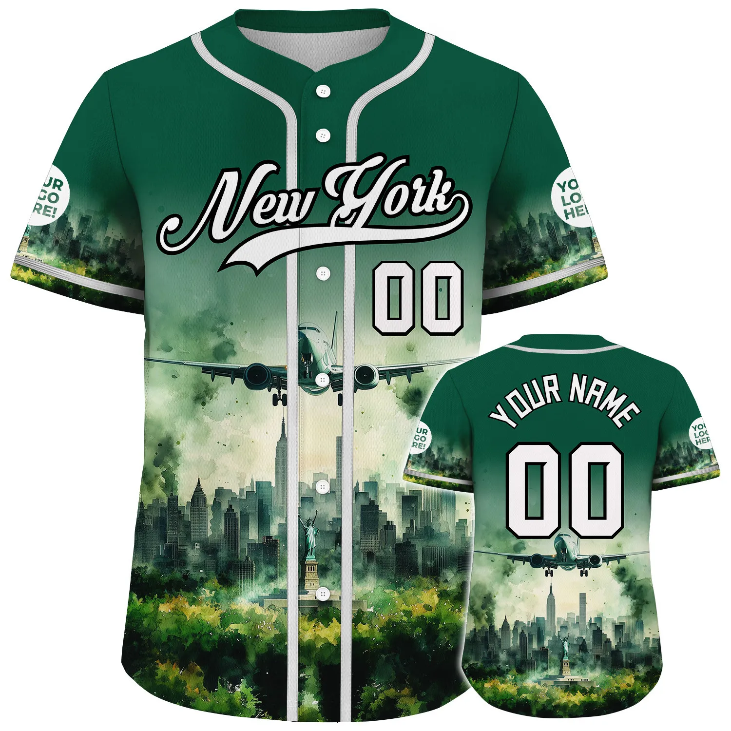 White Gotham Green New York City Airplane Flight Statue Of Liberty Skyscraper City Backdrop Custom Name Baseball Jerseys For Men & Women