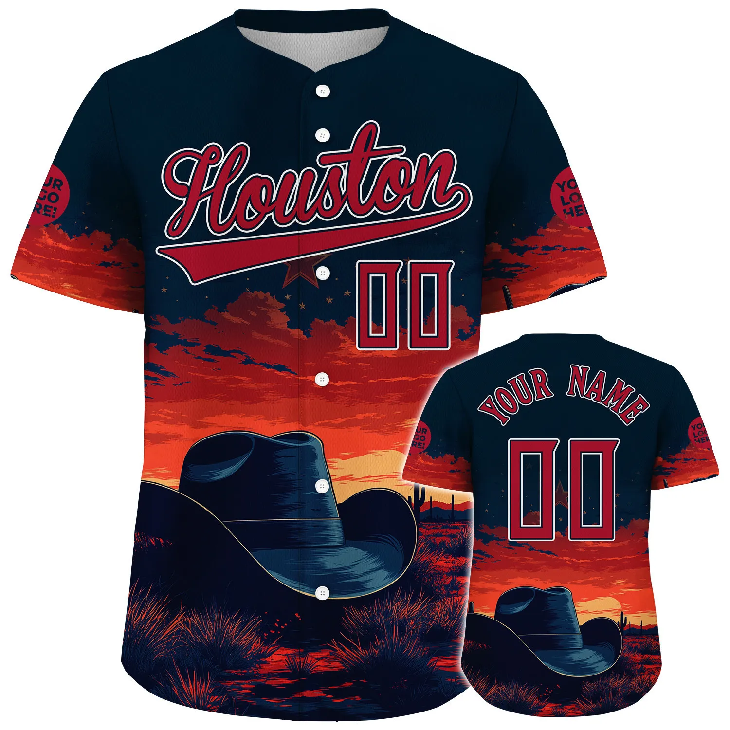 Red Deep Blue Houston City Chihuahuan Desert Cowboy Hat Saguaro Desert Custom Name Baseball Jerseys For Men & Women