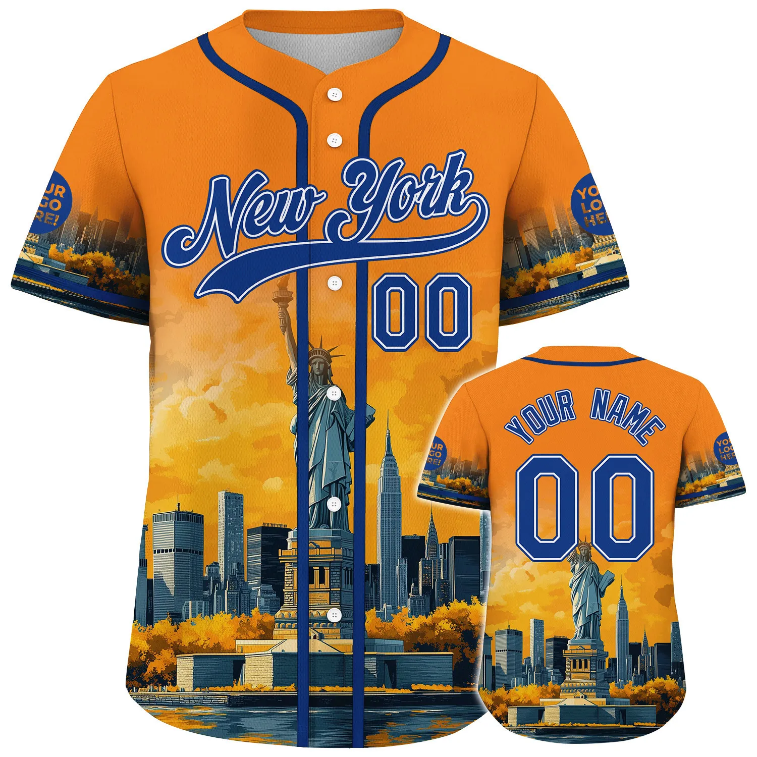 Blue Orange New York City Statue Of Liberty City Backdrop Autumn Vibe Custom Name Baseball Jerseys For Men & Women
