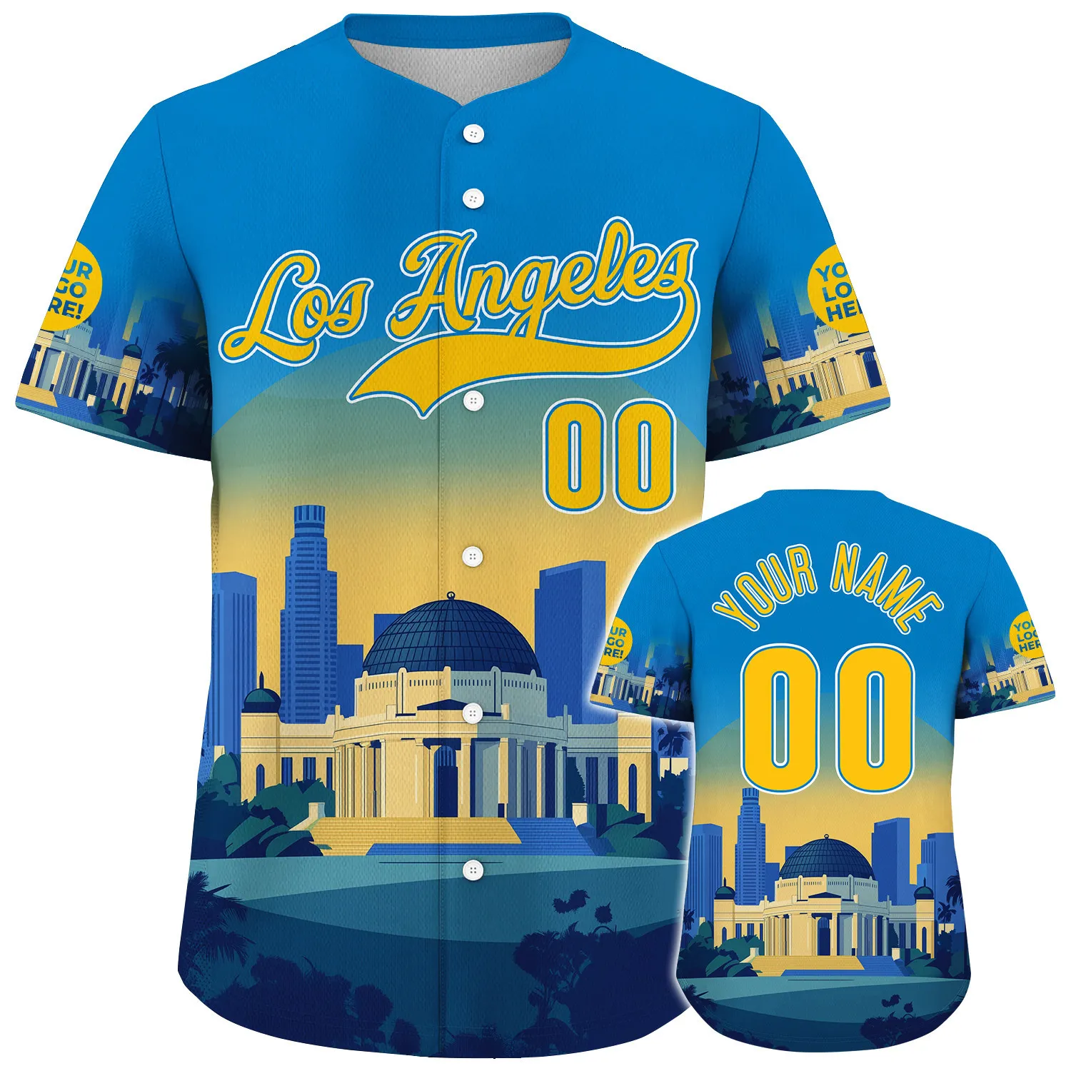 Yellow Blue California Los Angeles City Walt Disney Concert Hall Peaceful Sunset Custom Name Baseball Jerseys For Men & Women