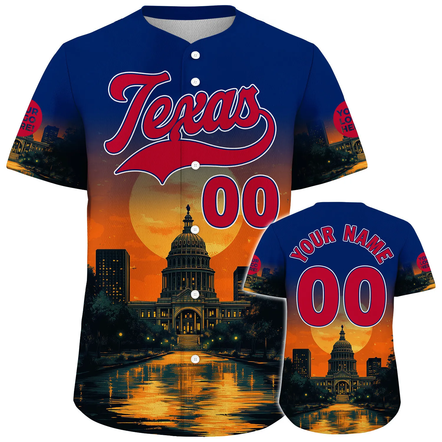 Red Blue Texas Austin City State Capitol Sunset Custom Name Baseball Jerseys For Men & Women