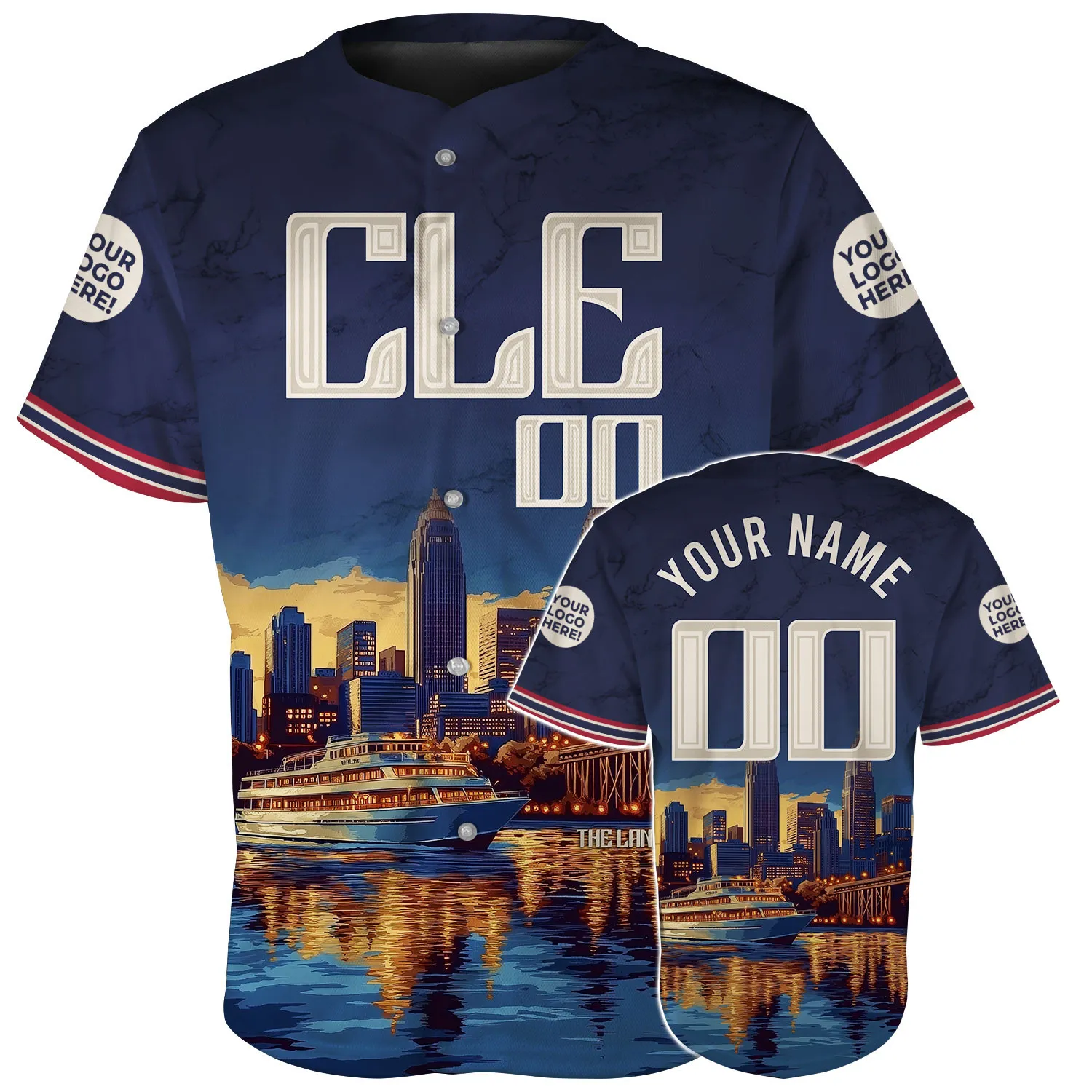 Cleveland Skyline Cuyahoga River at Night Custom Name Baseball Jerseys For Men & Women
