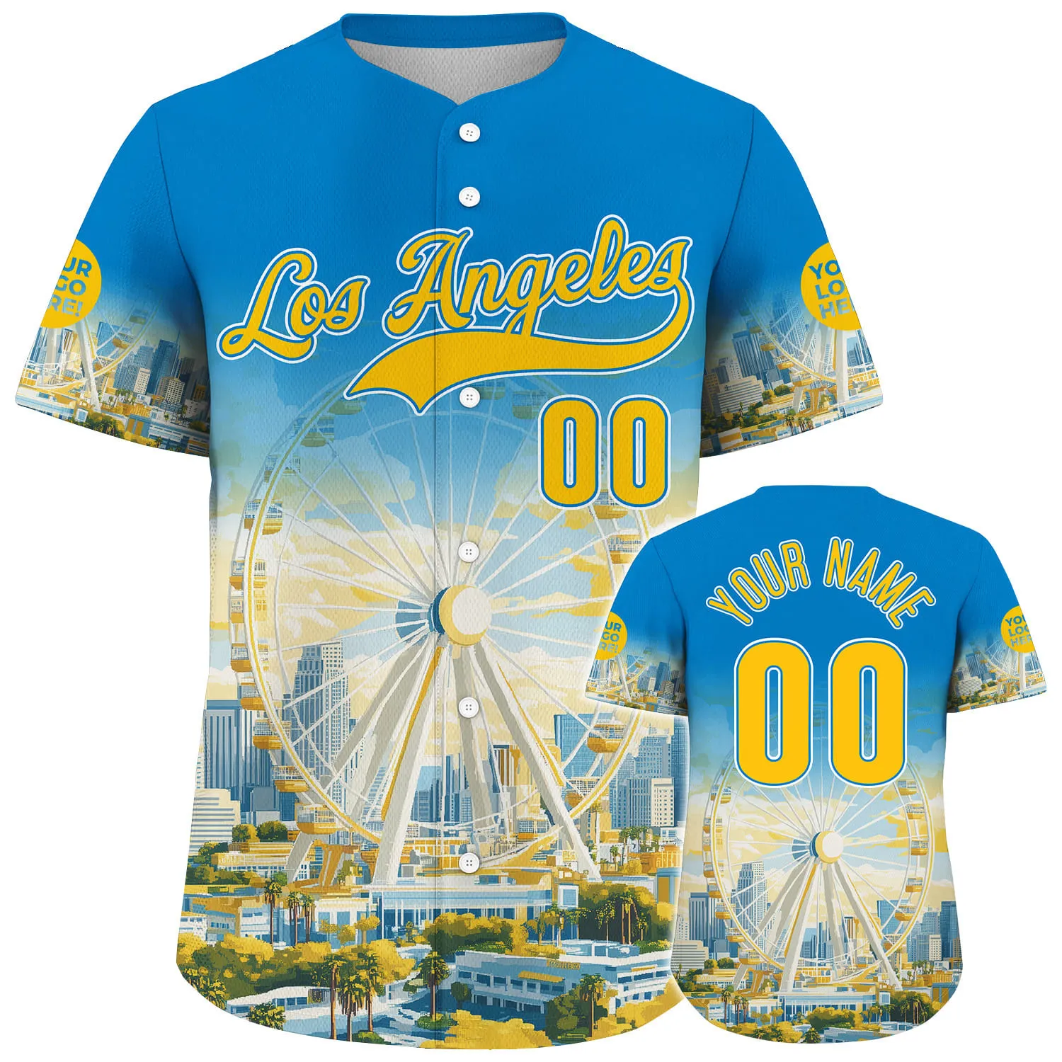 Yellow Blue California Los Angeles City Ferris Wheel Custom Name Baseball Jerseys For Men & Women