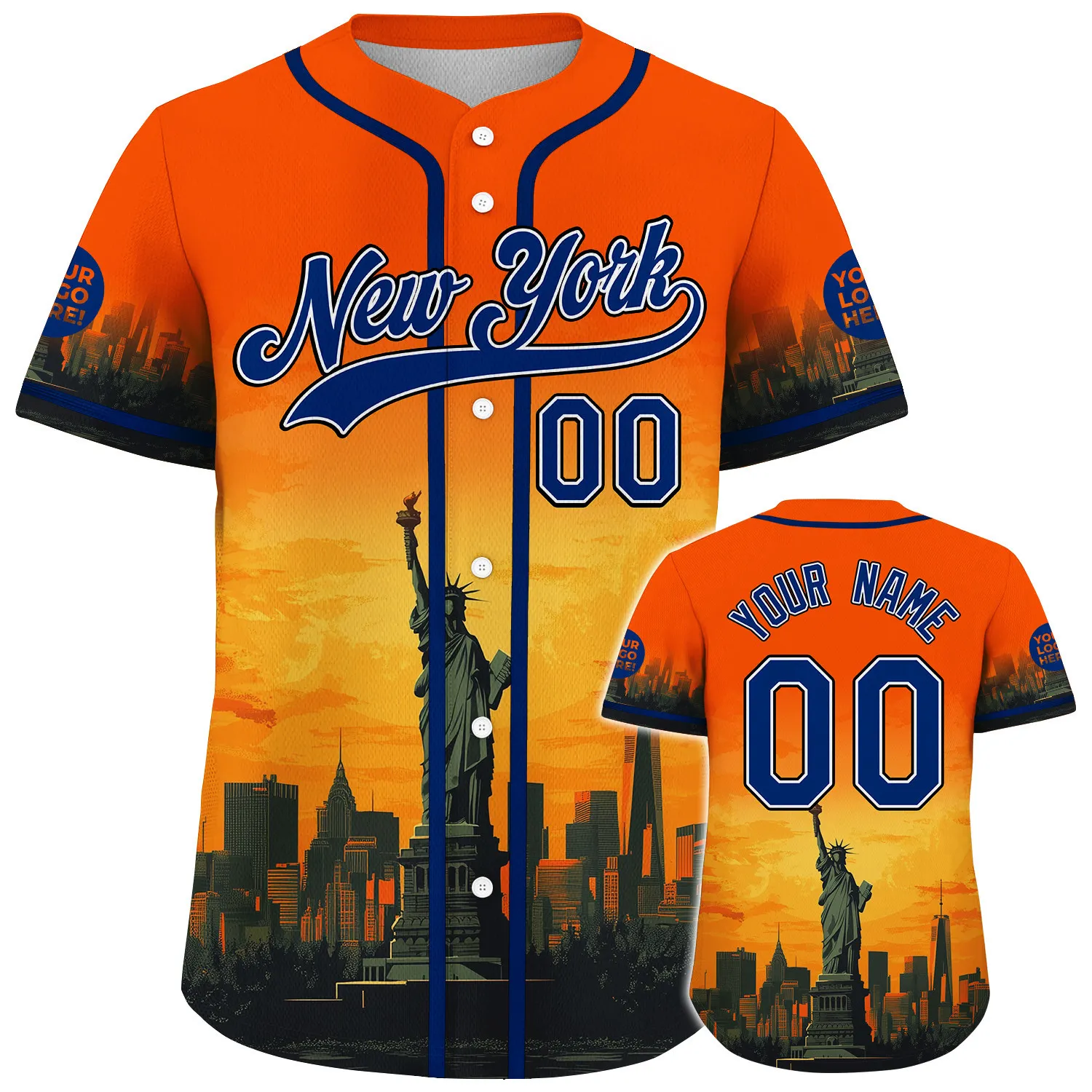Blue Orange New York City Statue Of Liberty City Backdrop Skyline Sunset Custom Name Baseball Jerseys For Men & Women