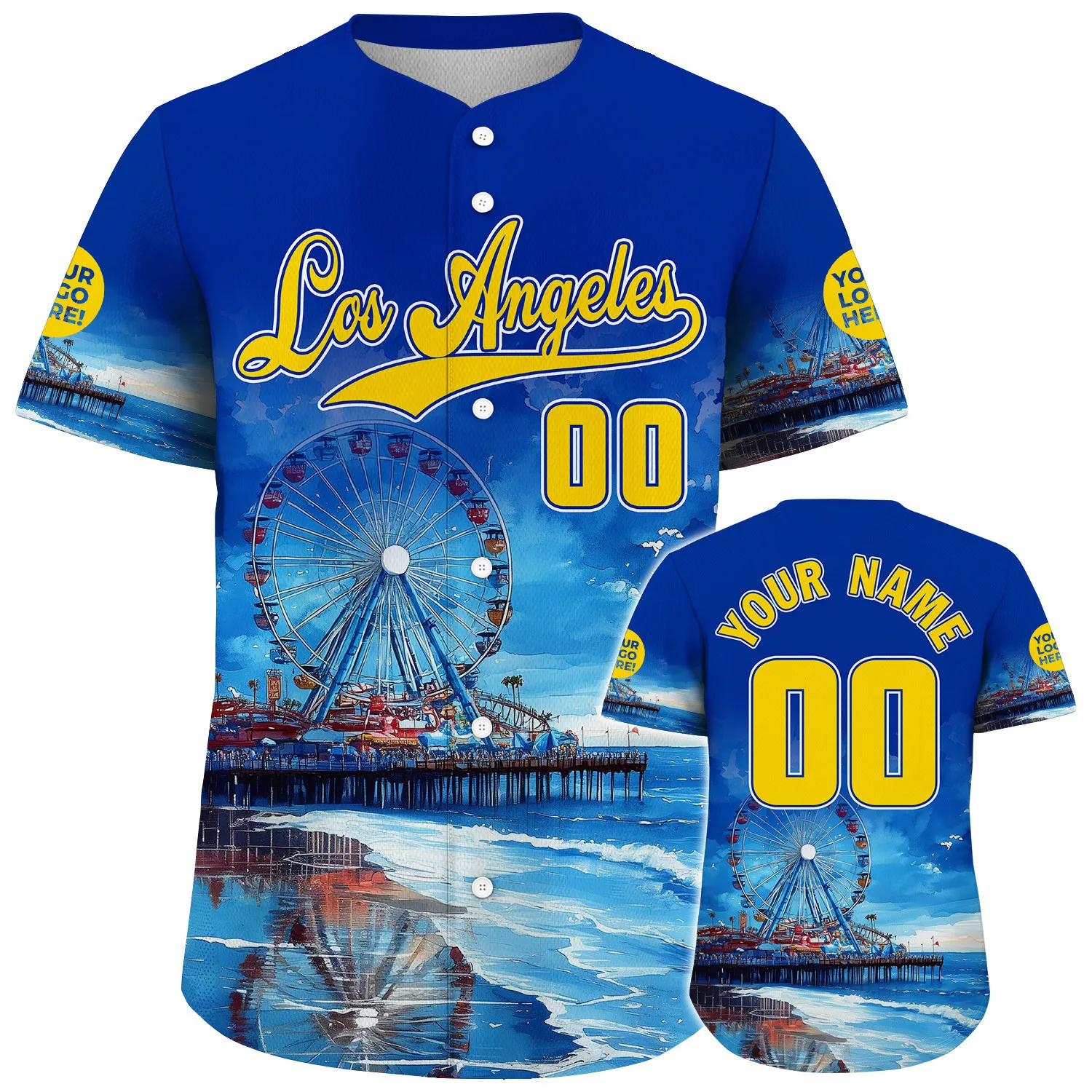 Yellow Blue California Los Angeles City Pacific Ferris Wheel Peaceful Morning Custom Name Baseball Jerseys For Men & Women