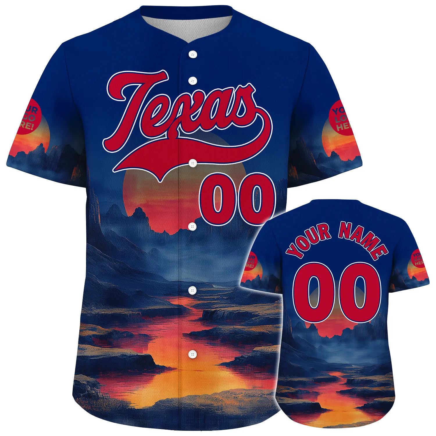 Red Blue Texas Cayon Landscape Reflecting River Custom Name Baseball Jerseys For Men & Women