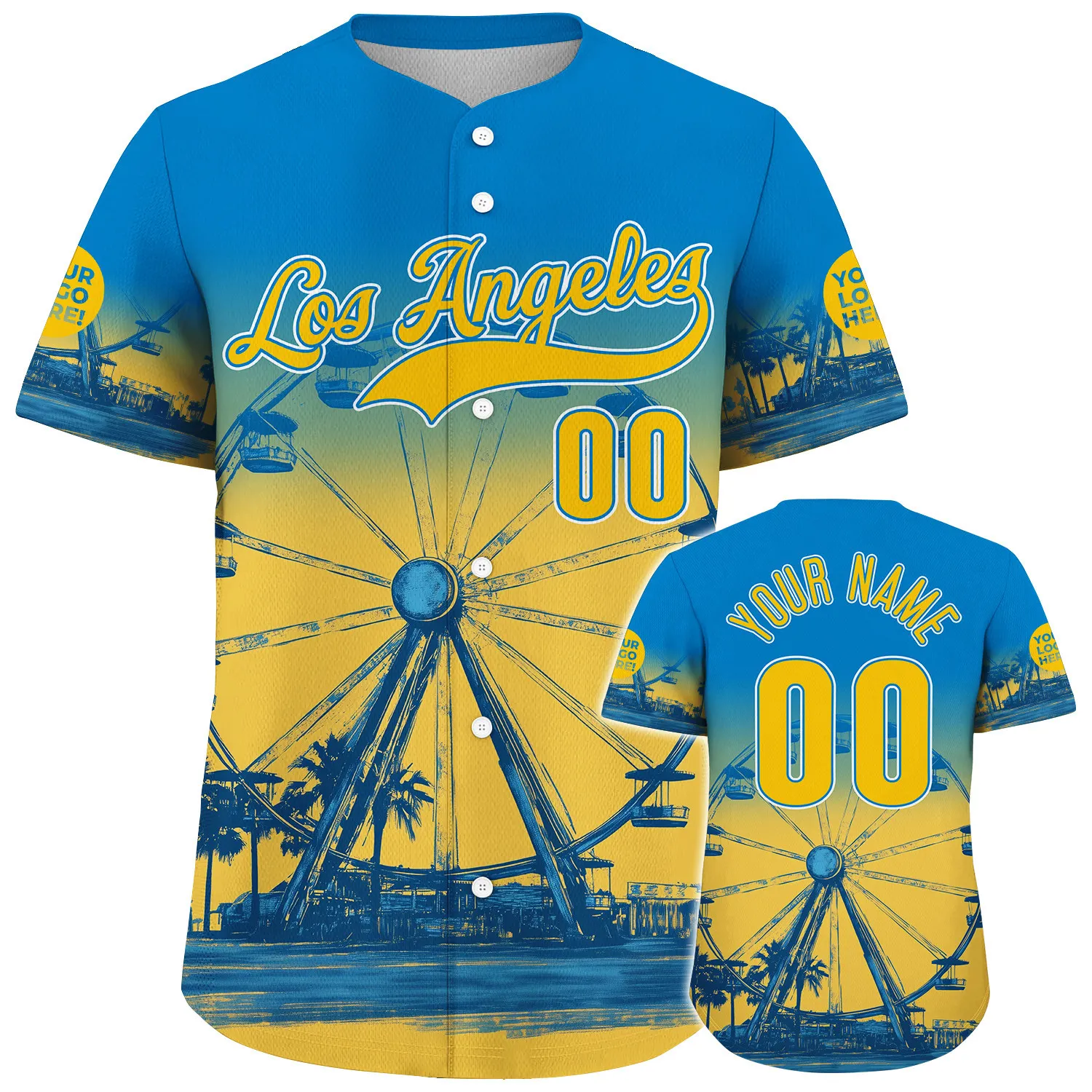 Yellow Blue California Los Angeles City Ferris Wheel Retro Time Custom Name Baseball Jerseys For Men & Women