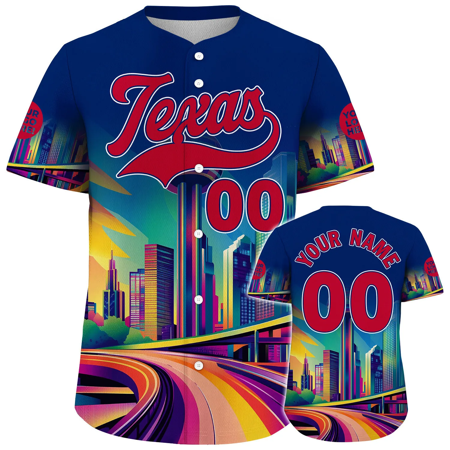 Red Blue Texas Dallas City Reunion Tower Freeway Geometric Style Custom Name Baseball Jerseys For Men & Women