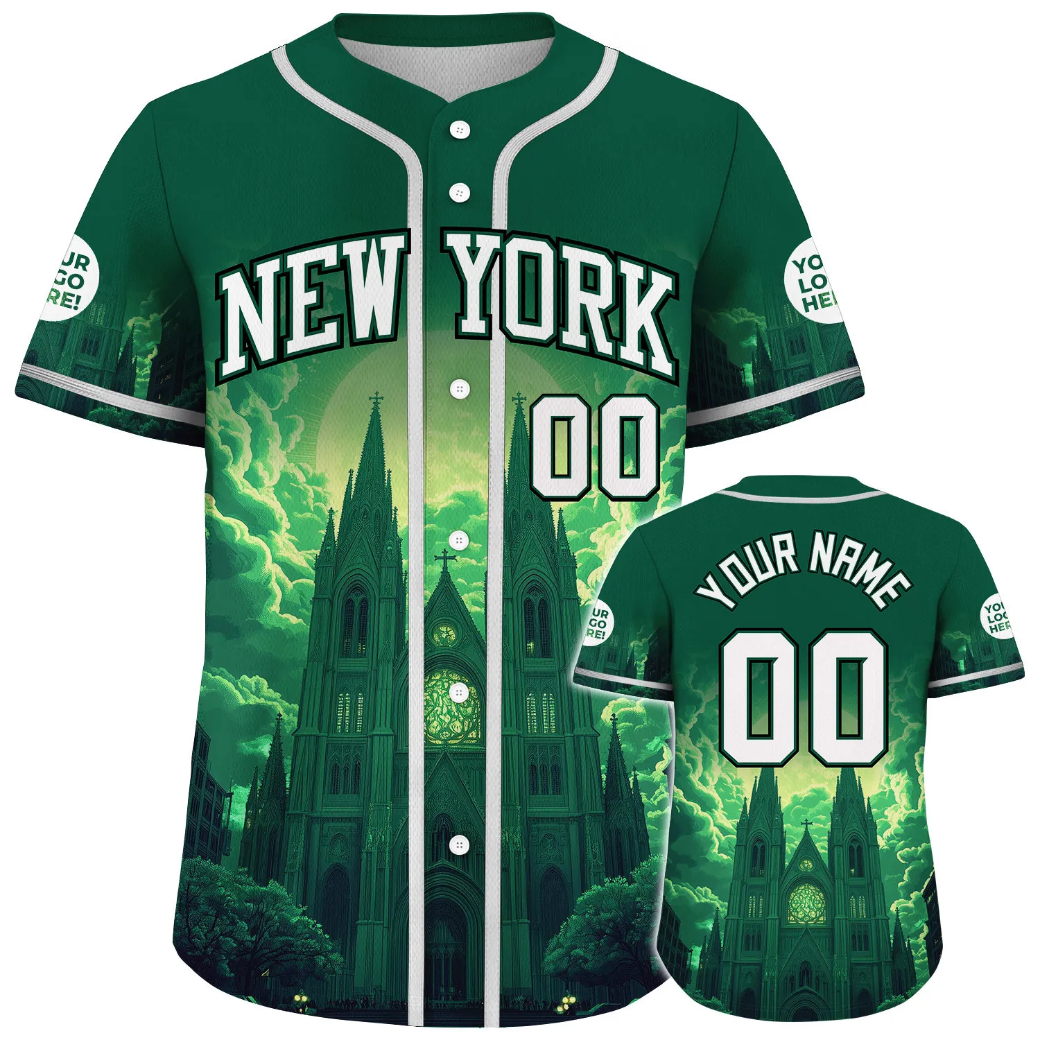White Gotham Green New York City St Patrick Cathedral Magical Vibe Custom Name Baseball Jerseys For Men & Women