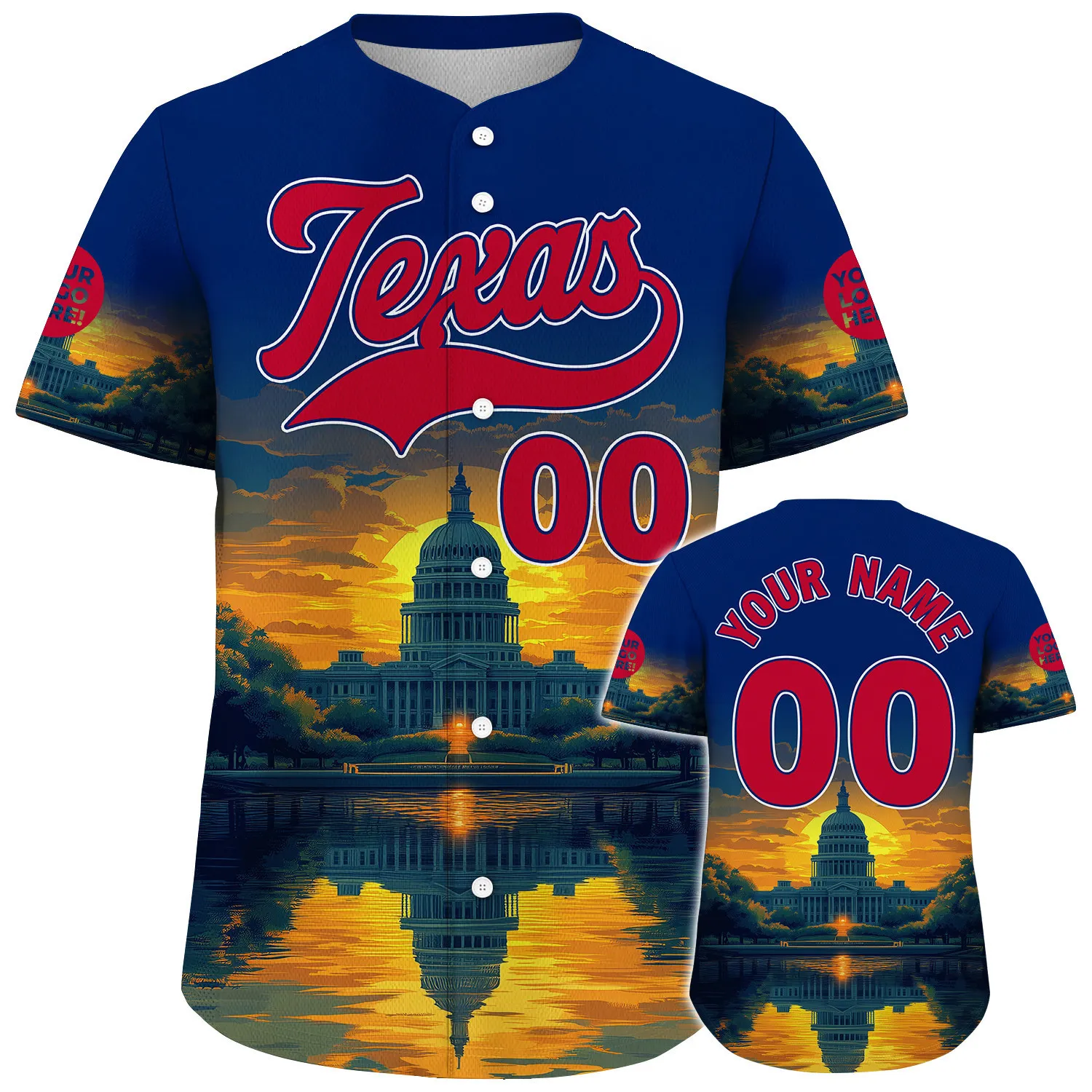 Red Blue Texas Austin City State Capitol Dark Night Custom Name Baseball Jerseys For Men & Women