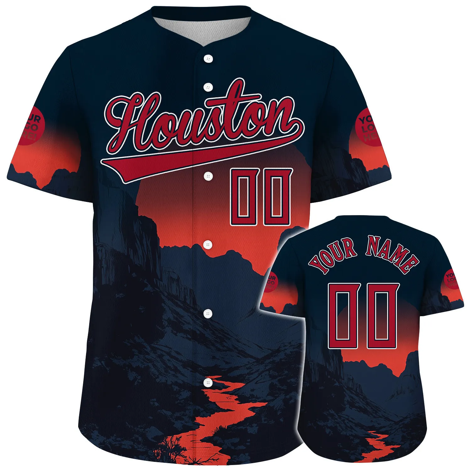 Red Deep Blue Houston City Dark Night Battle Red Sunset Reflecting River Custom Name Baseball Jerseys For Men & Women