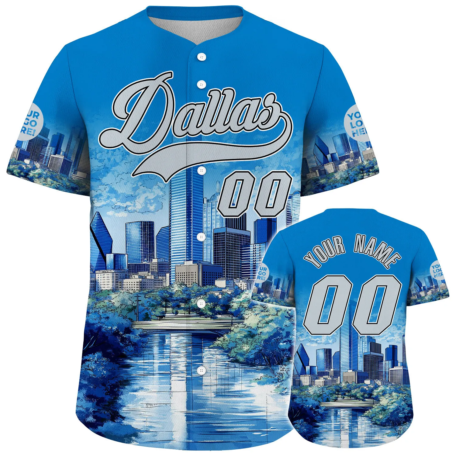 Silver Blue Dallas City Texas District Bank Of America Plaza Skyline Custom Name Baseball Jerseys For Men & Women