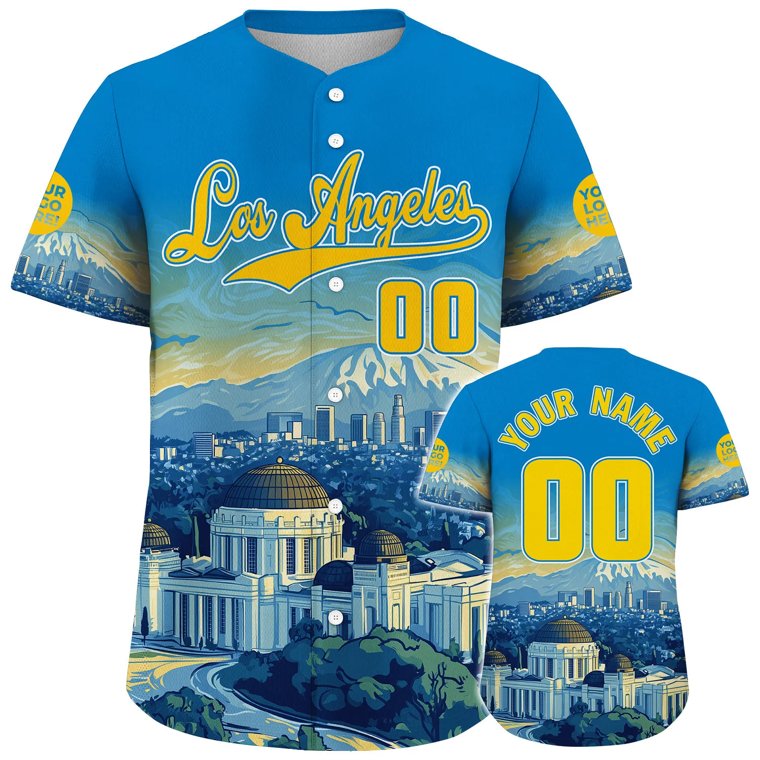 Yellow Blue California Los Angeles City Griffith Observatory San Gabriel Mountains Custom Name Baseball Jerseys For Men & Women