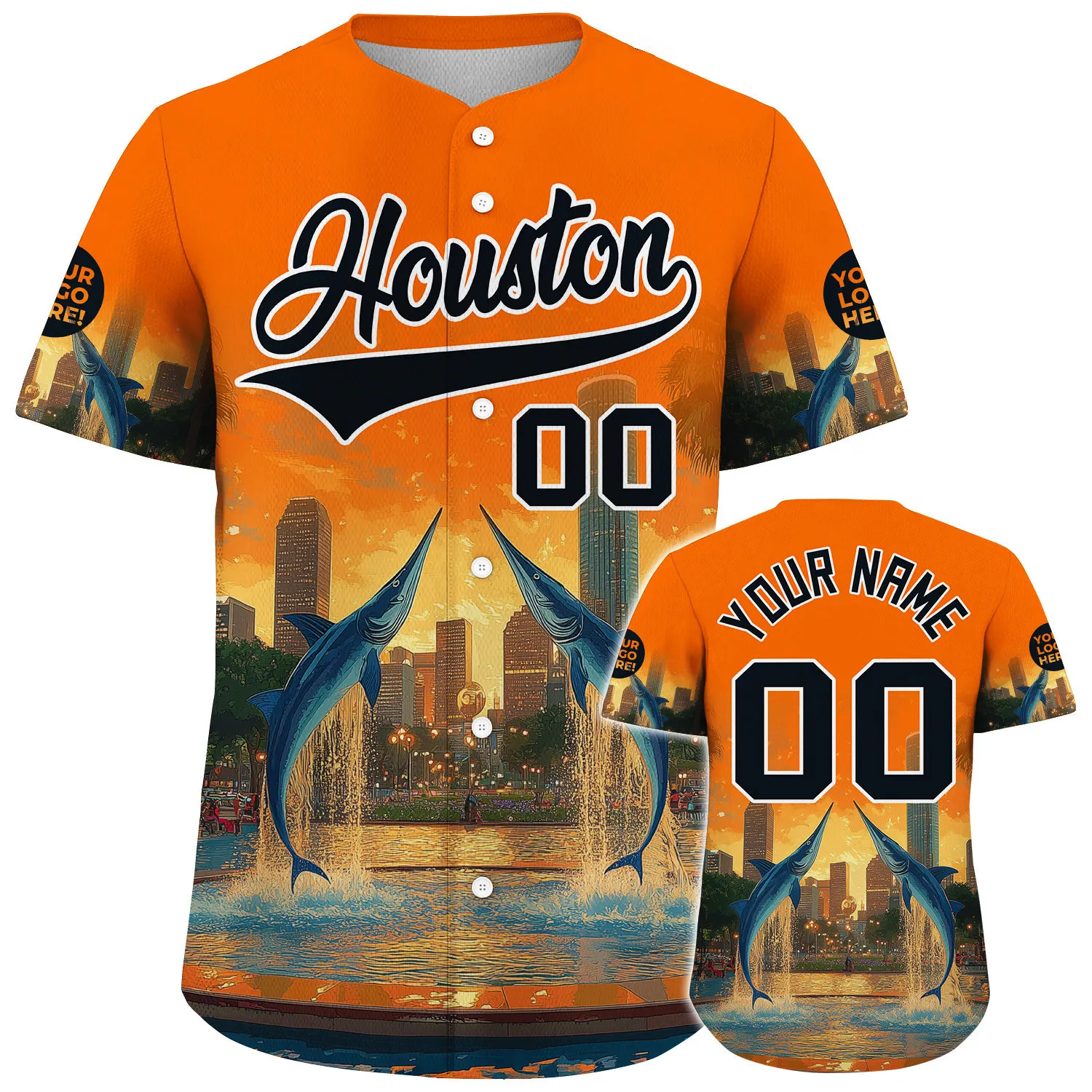 Black Orange Houston City Texas District Marlin In Fountain City Sunset Custom Name Baseball Jerseys For Men & Women