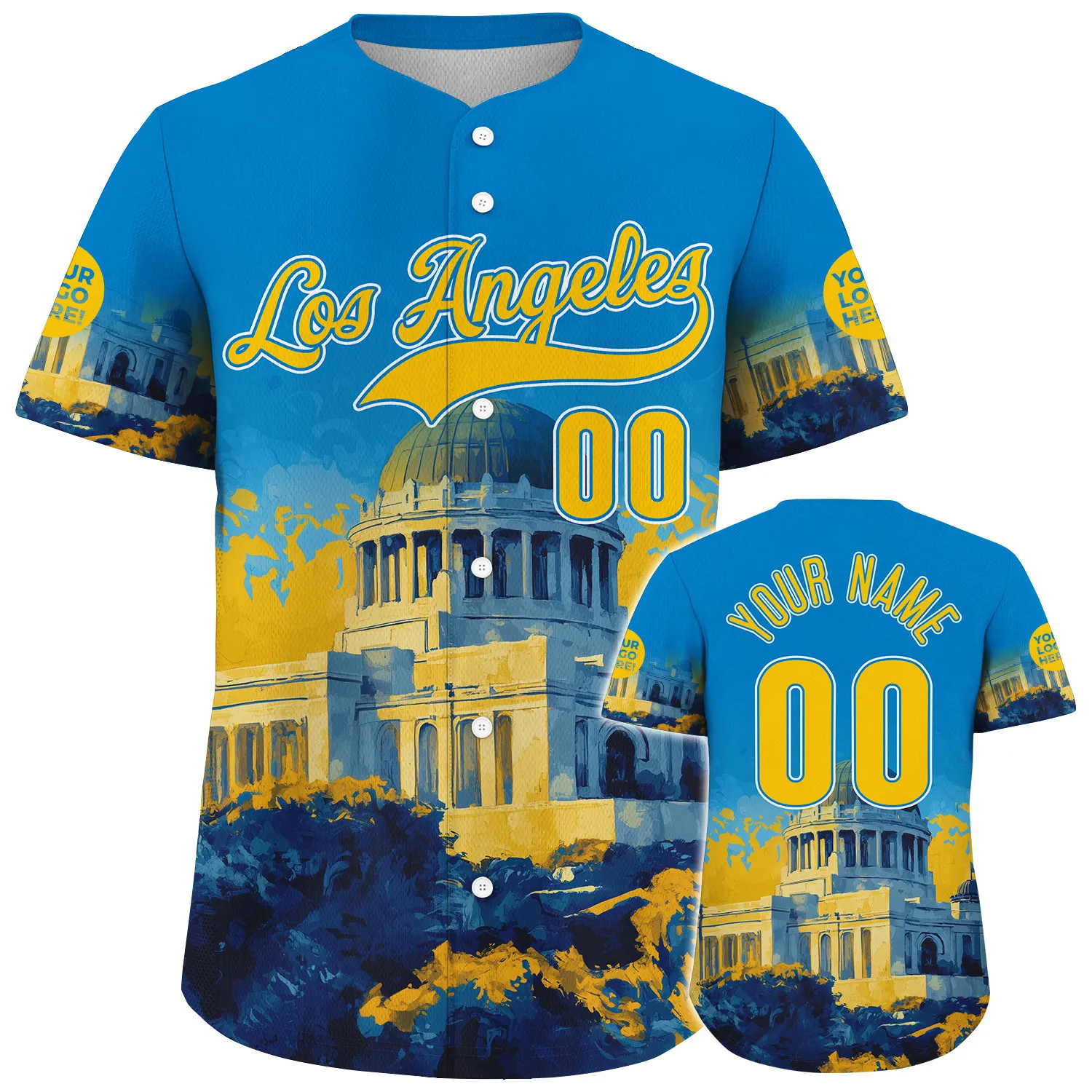 Yellow Blue California Los Angeles City Griffith Observatory Vibrant Colors Custom Name Baseball Jerseys For Men & Women