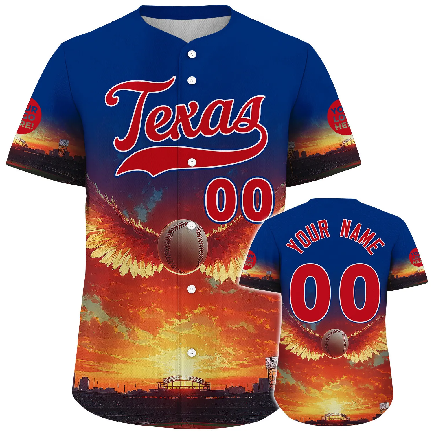 Red Blue Texas Arlington City Baseball With Angel Wings Sunset Time Custom Name Baseball Jerseys For Men & Women