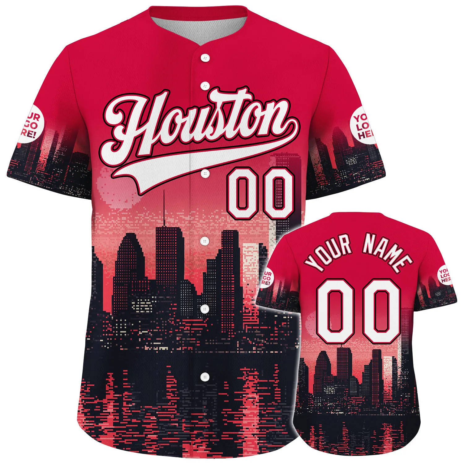 White Red Houston City Dallas District JPMorgan Chase Tower Downtown Skyline Reflecting River Custom Name Baseball Jerseys For Men & Women