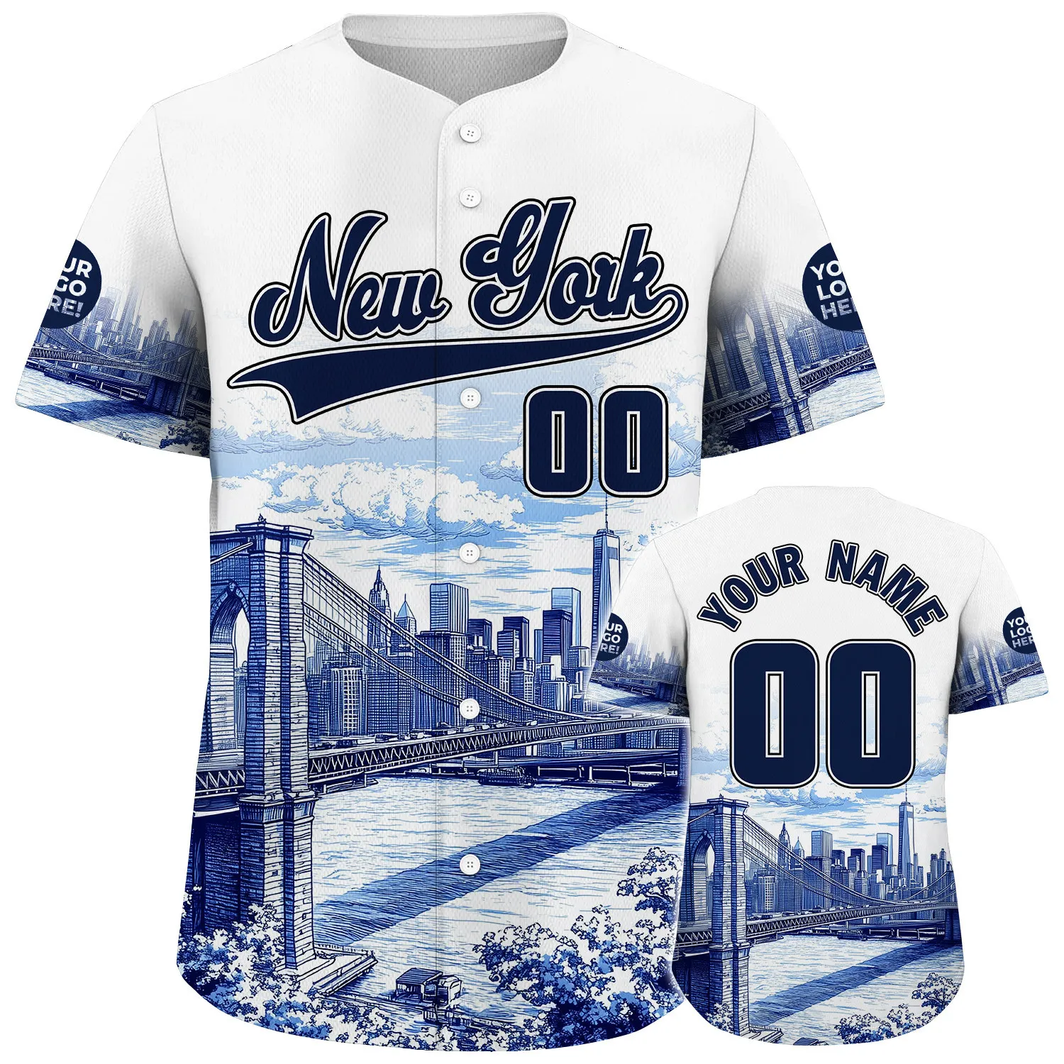 Navy White New York City Brooklyn Bridge Empire State Building Custom Name Baseball Jerseys For Men & Women