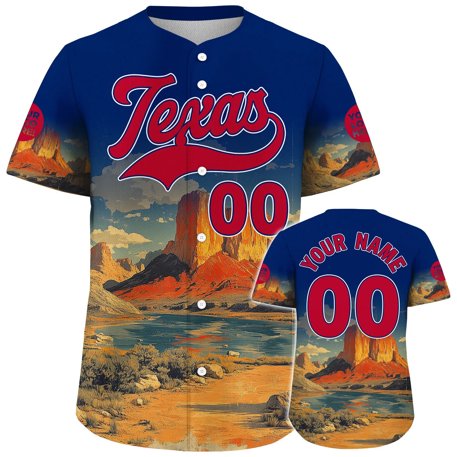 Red Blue Texas Cayon Landscape Custom Name Baseball Jerseys For Men & Women