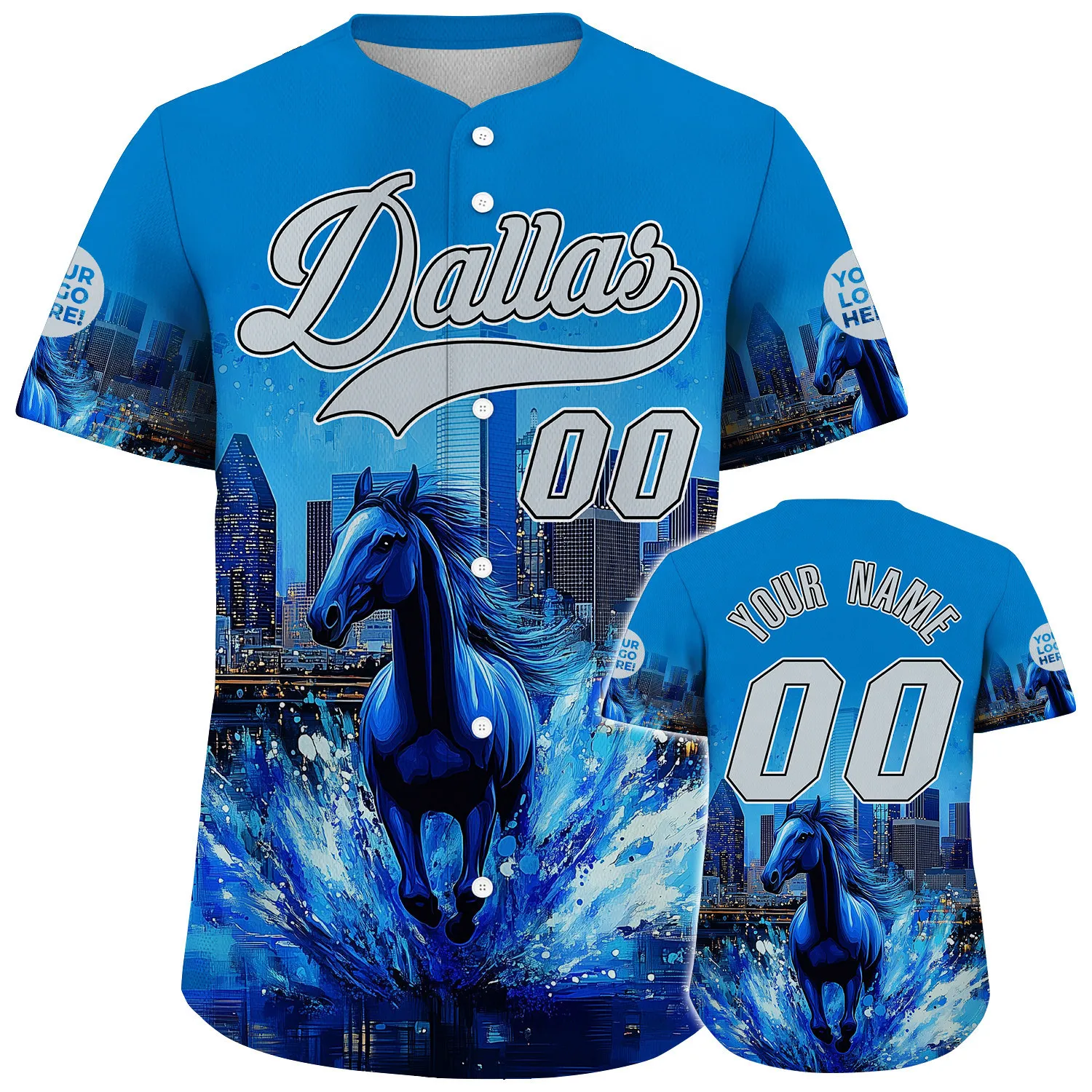 Silver Blue Dallas City Texas District Wild Horse Run On Water Lightning City Backdrop Custom Name Baseball Jerseys For Men & Women