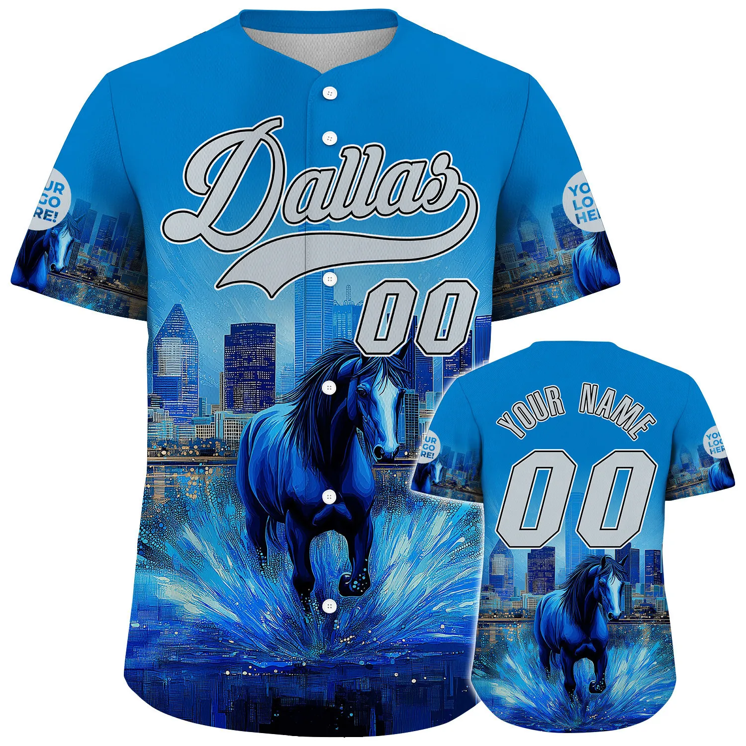 Silver Blue Dallas City Texas District Wild Horse Run On Water Night City Backdrop Custom Name Baseball Jerseys For Men & Women
