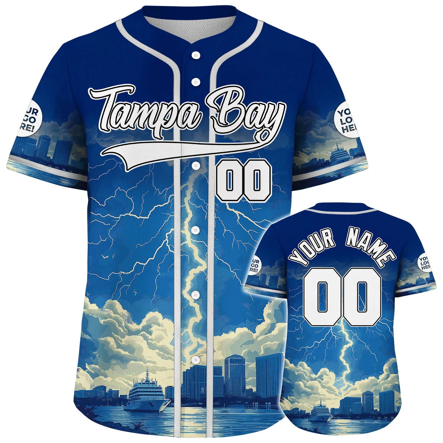 White Navy Tampa Bay Florida Sleek Thunder Skyline City Backdrop Custom Name Baseball Jerseys For Men & Women