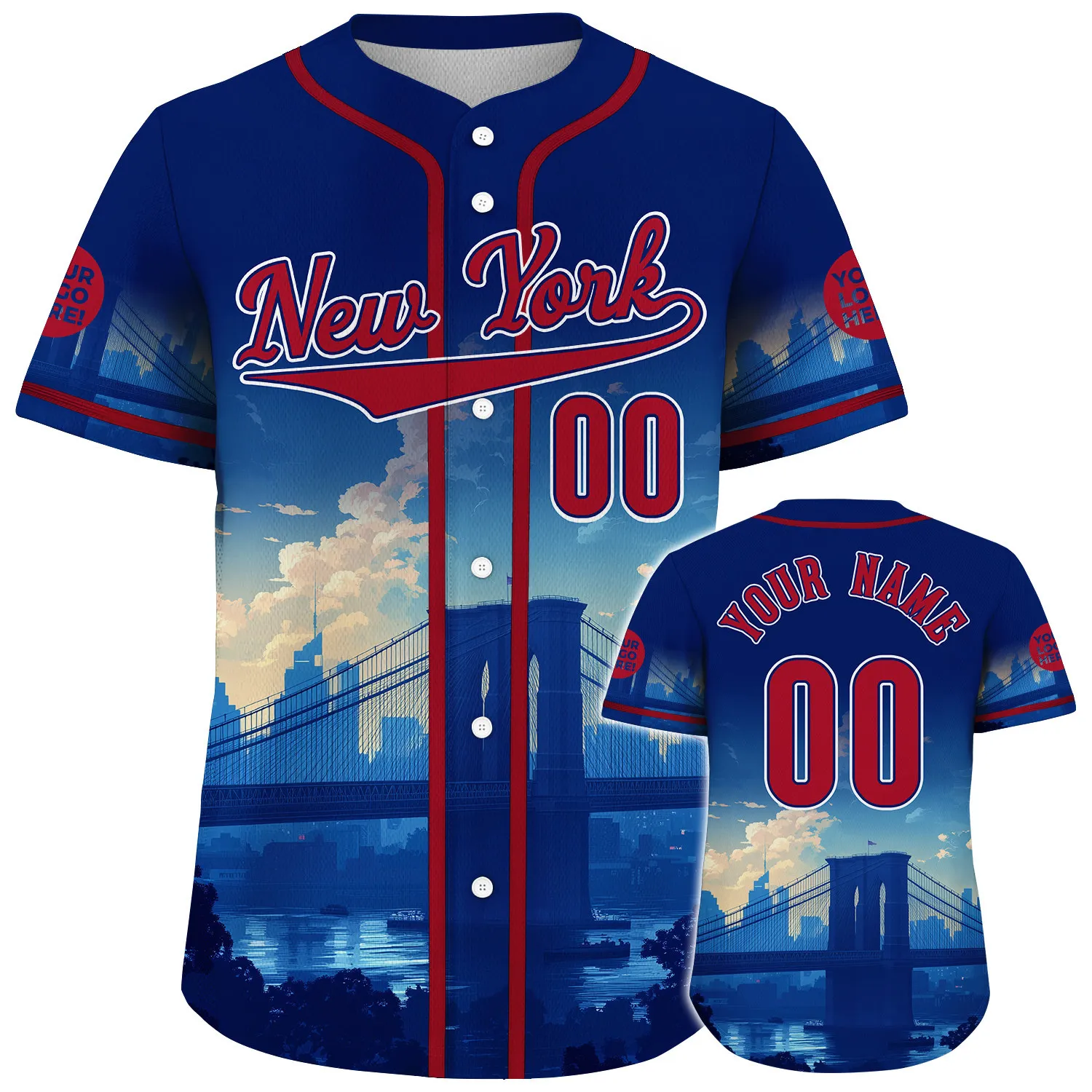Red Navy New York City Brooklyn Bridge City Backdrop Cool Sunset Custom Name Baseball Jerseys For Men & Women