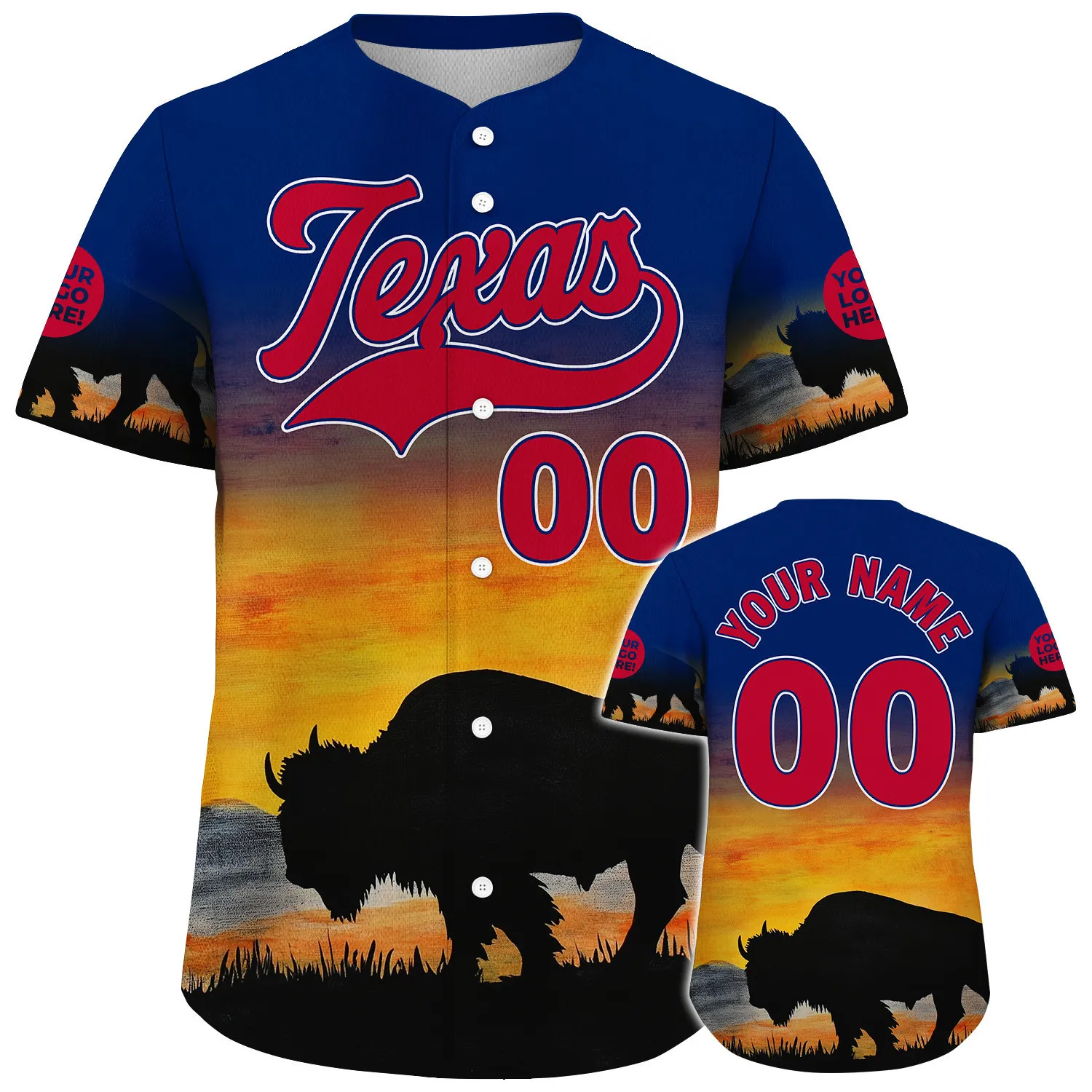 Red Blue Texas Bison Sunset Silhouette Custom Name Baseball Jerseys For Men & Women