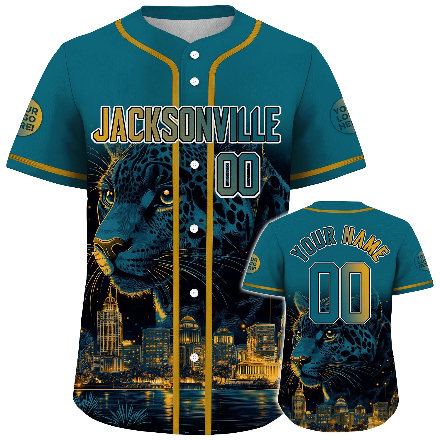 Teal Gold Jacksonville Panther Gaze Urban Skyline Custom Name Baseball Jerseys For Men & Women
