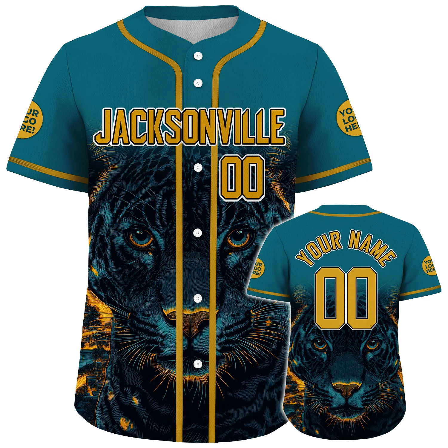 Yellow Teal Jacksonville Prowling Panther In Sunset Custom Name Baseball Jerseys For Men & Women